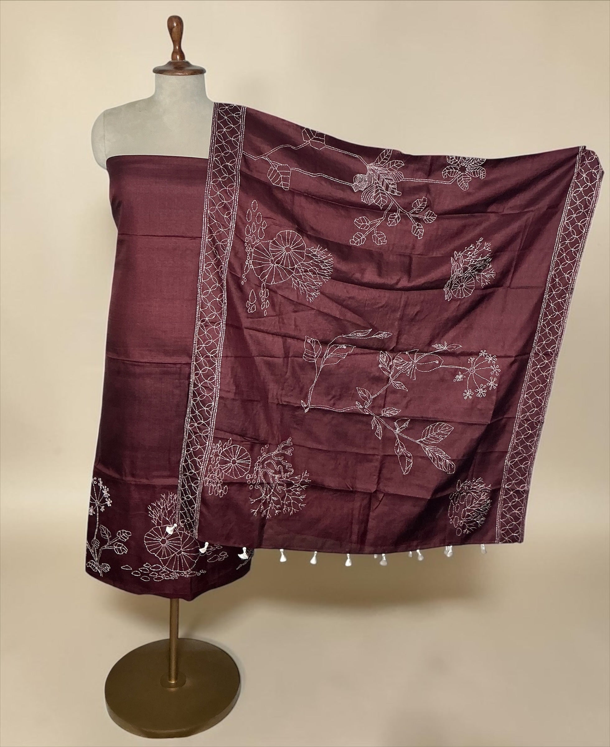 Pure tussar silk in kantha threadwork unstitched suit - DARK WINE