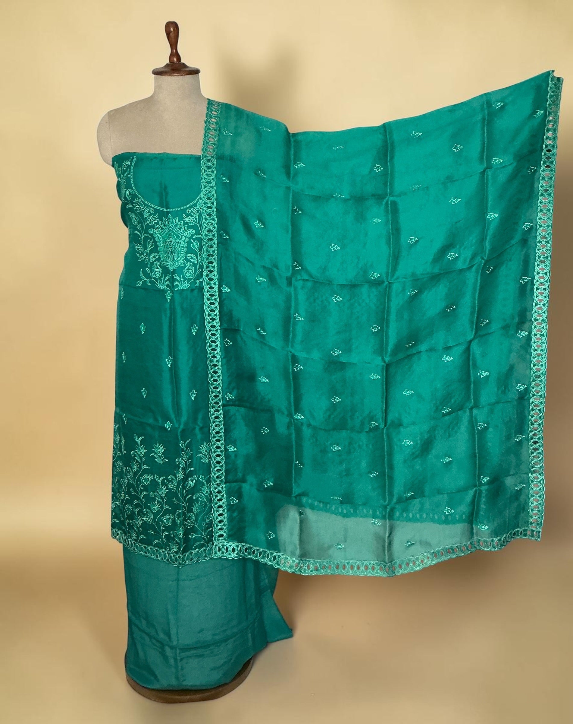 Pure kora silk embroidered unstitched suit - GREEN