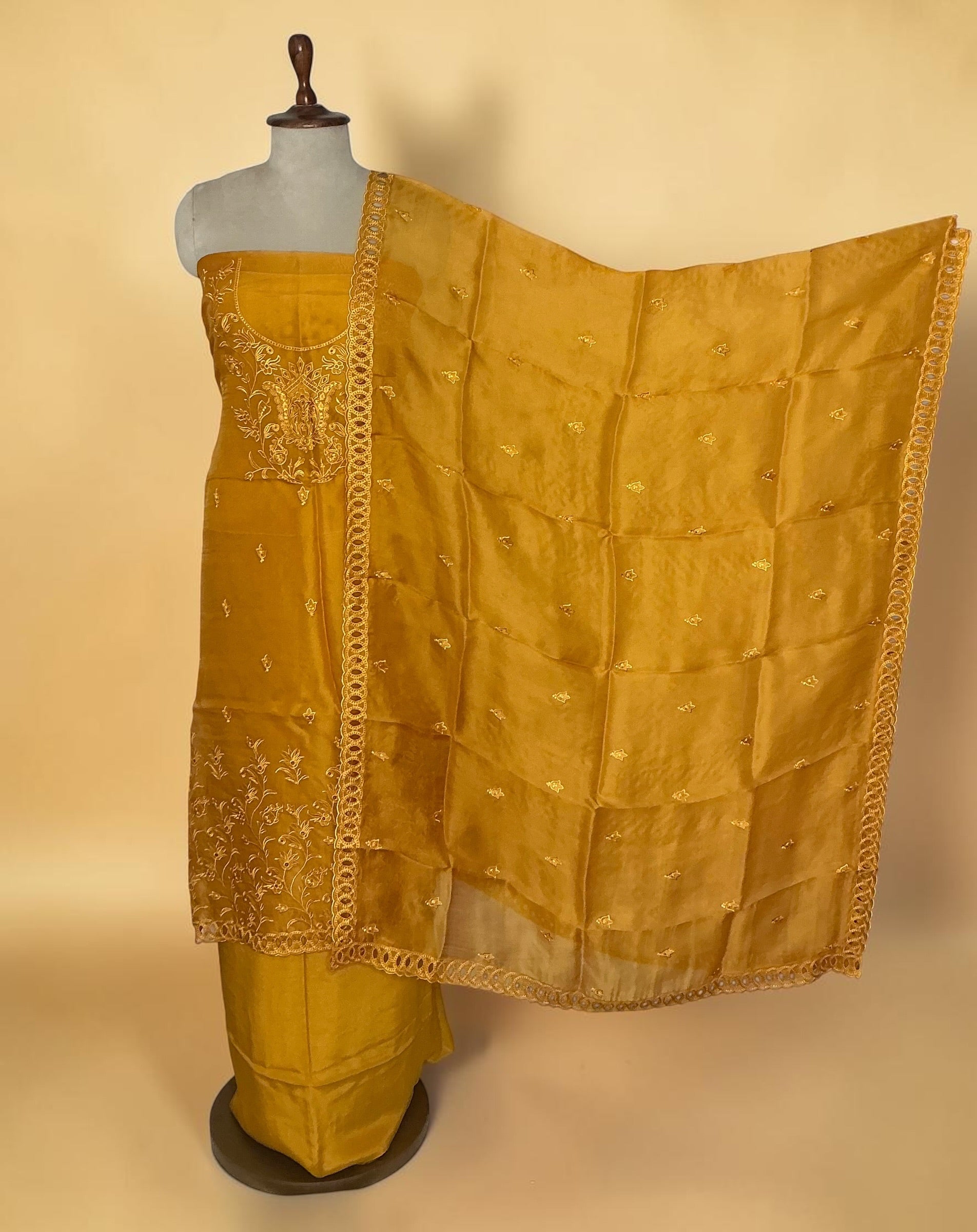 Pure kora silk embroidered unstitched suit - MUSTARD