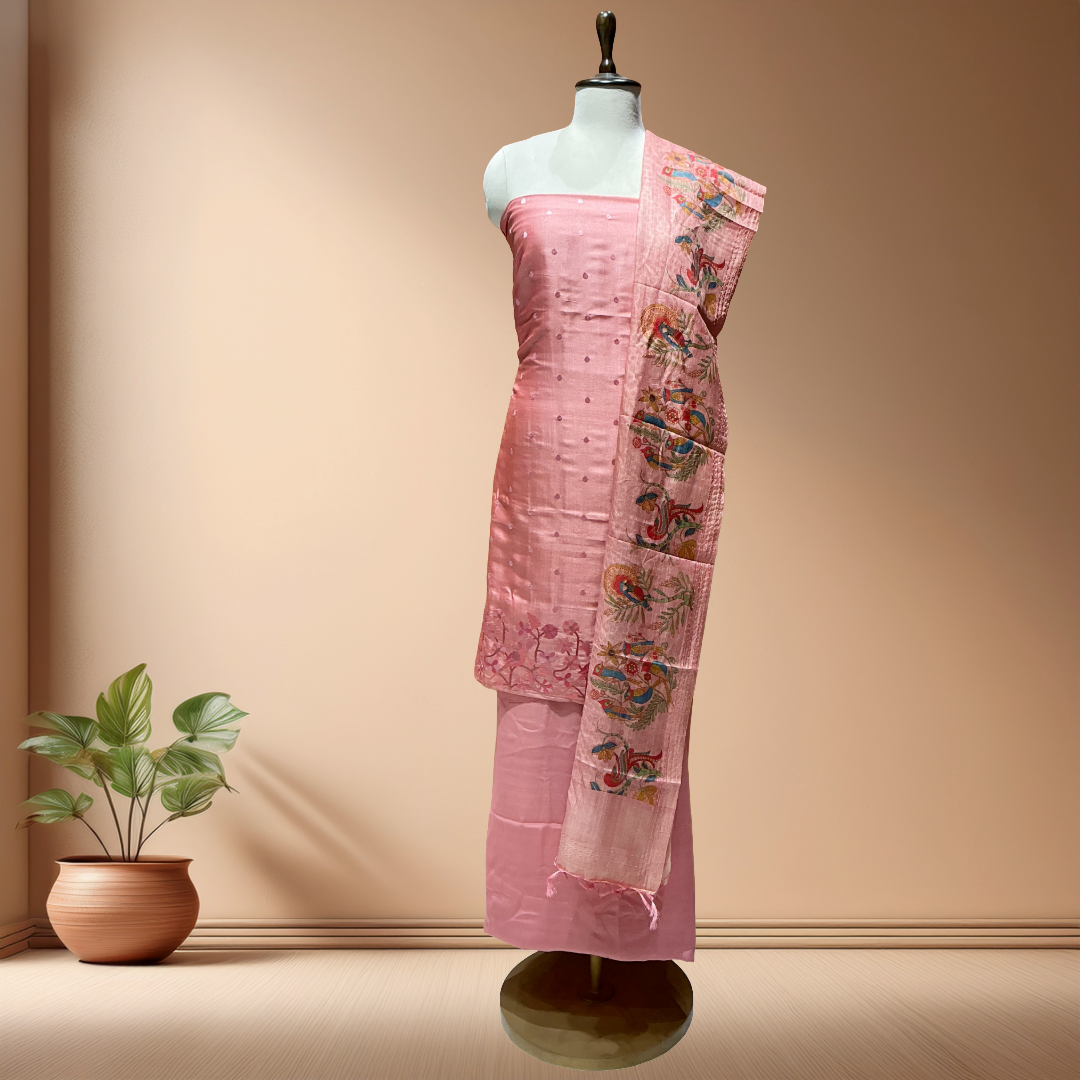 PURE DESI TUSSER SUIT WITH KALAMKARI DUPATTA - Pinkk