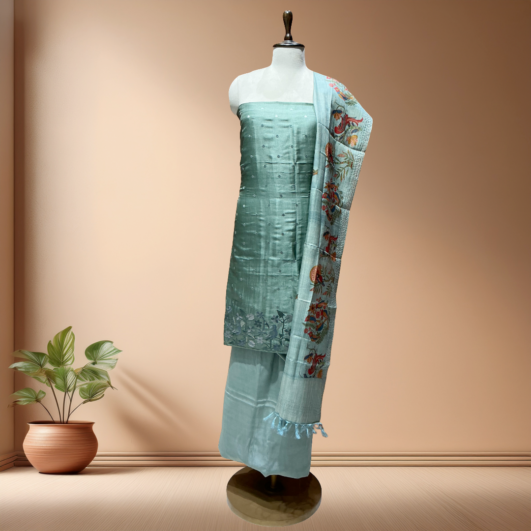 PURE DESI TUSSER SUIT WITH KALAMKARI DUPATTA - Greyy