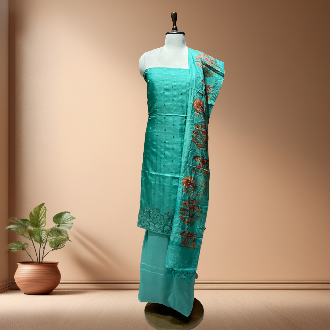 PURE DESI TUSSER SUIT WITH KALAMKARI DUPATTA - Green1