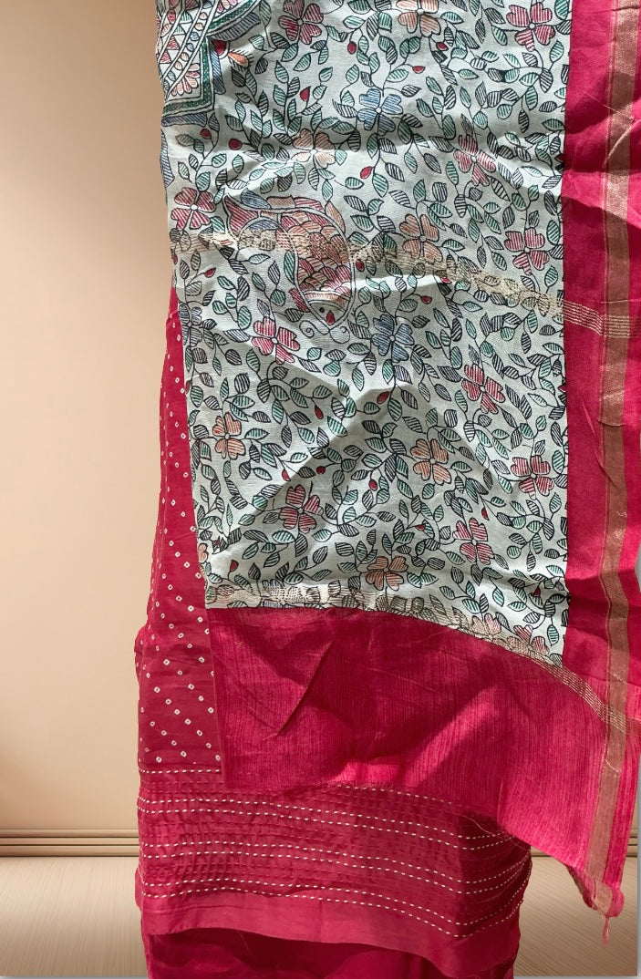 Maheshwari silk suit with kantha work