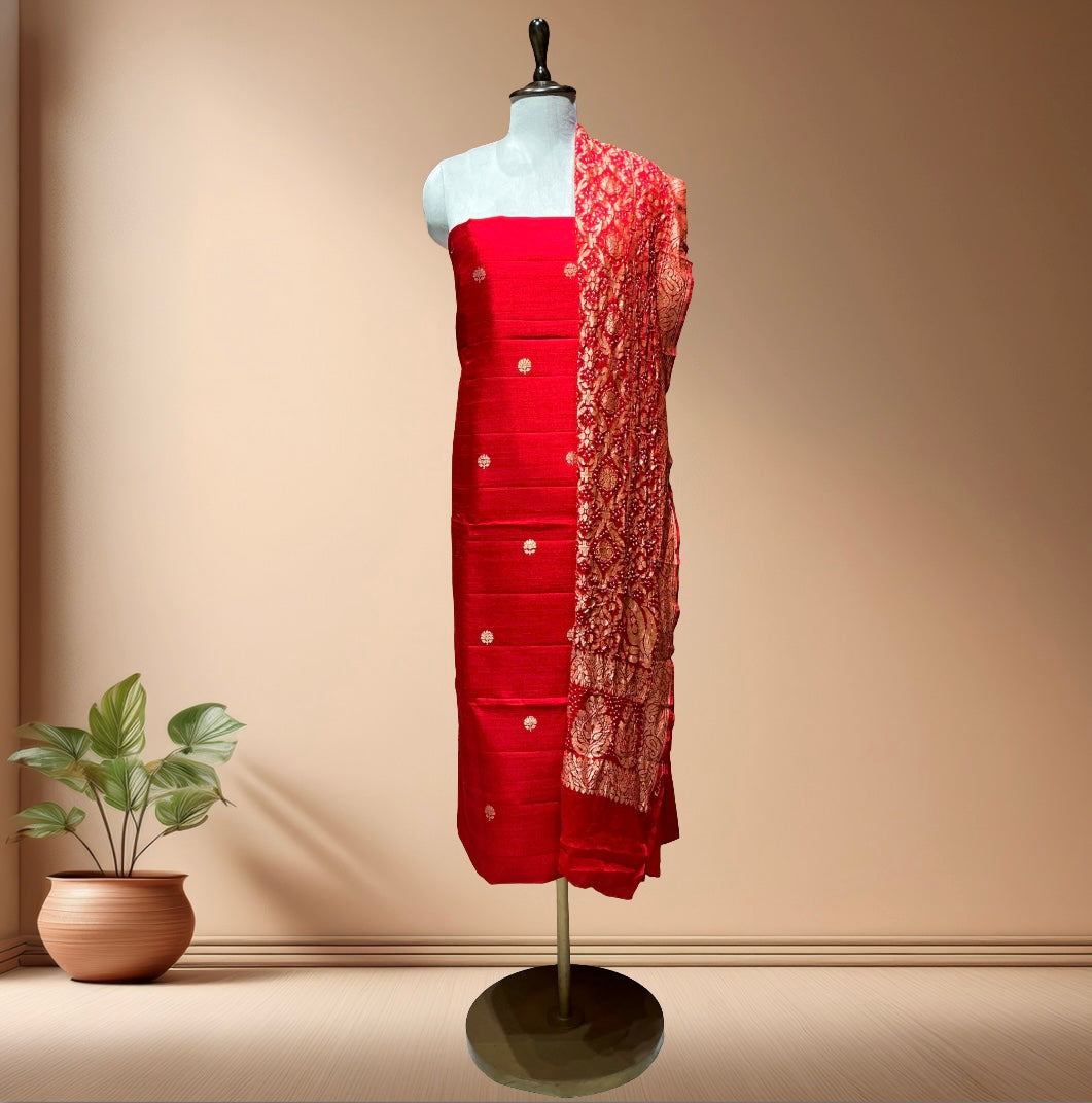 Pure Raw Silk Suit With Bandhani Dupatta