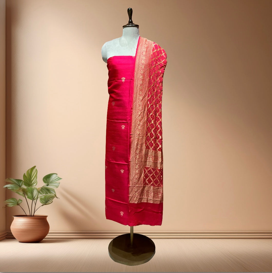 Pure Raw Silk Suit  With Bandhani Dupatta