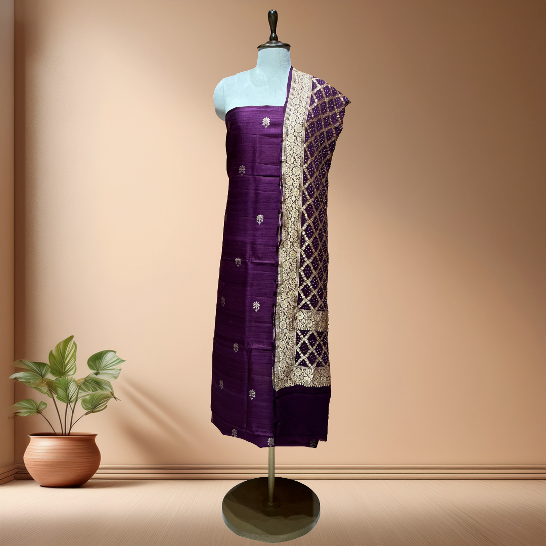 Pure Raw Silk Suit  With Bandhani Dupatta