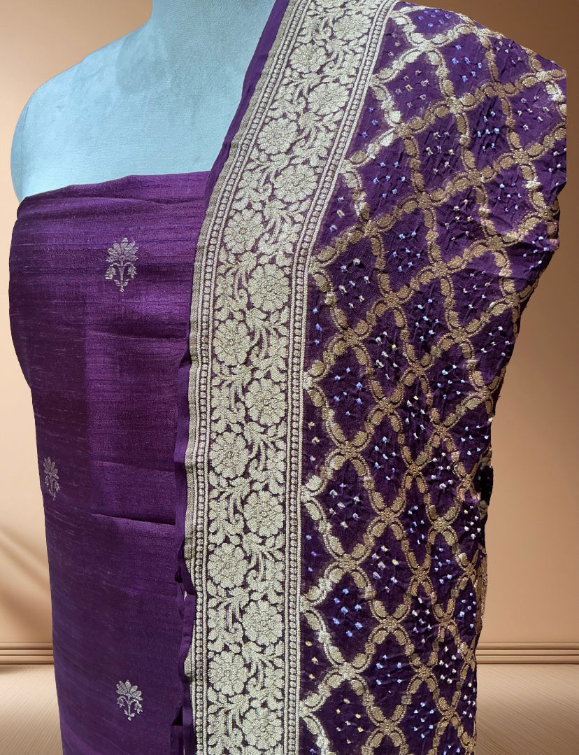 Pure Raw Silk Suit  With Bandhani Dupatta