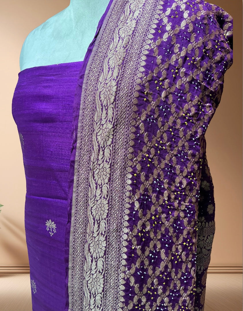 Pure Raw Silk Suit  With Bandhani Dupatta