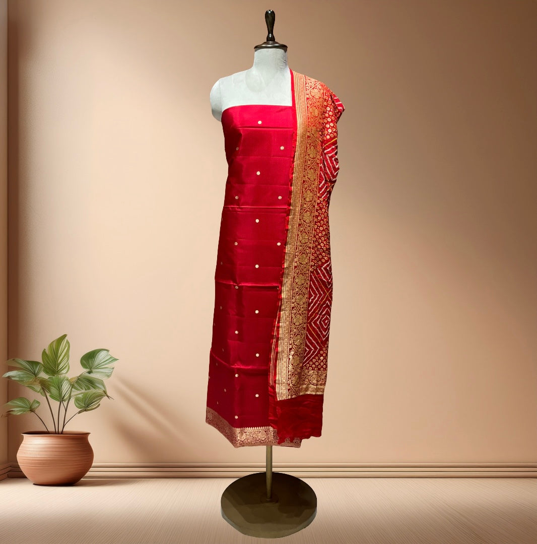Pure katan Silk Suit  With Bandhani Dupatta