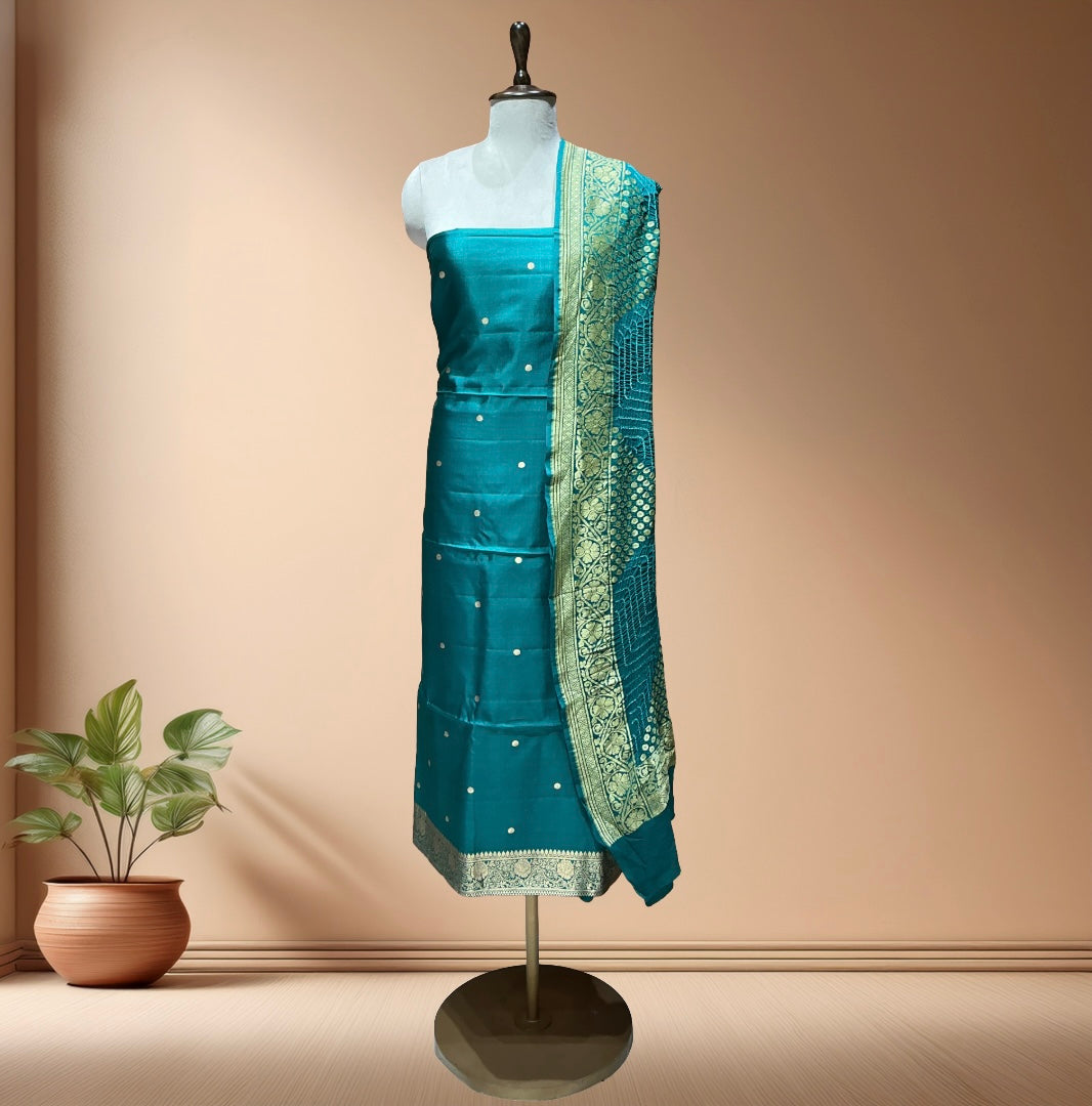 Pure katan Silk Suit  With Bandhani Dupatta
