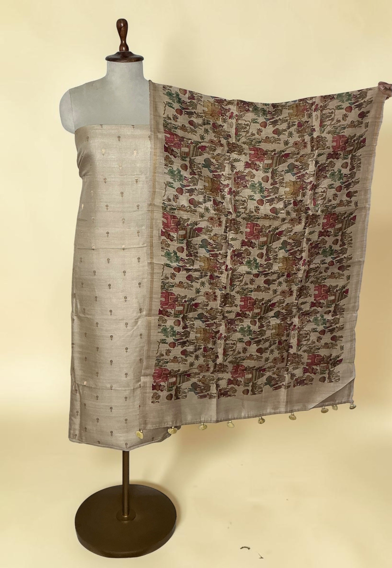 Pure tussar silk unstitched suit with kalamkari dupatta - BEIGE