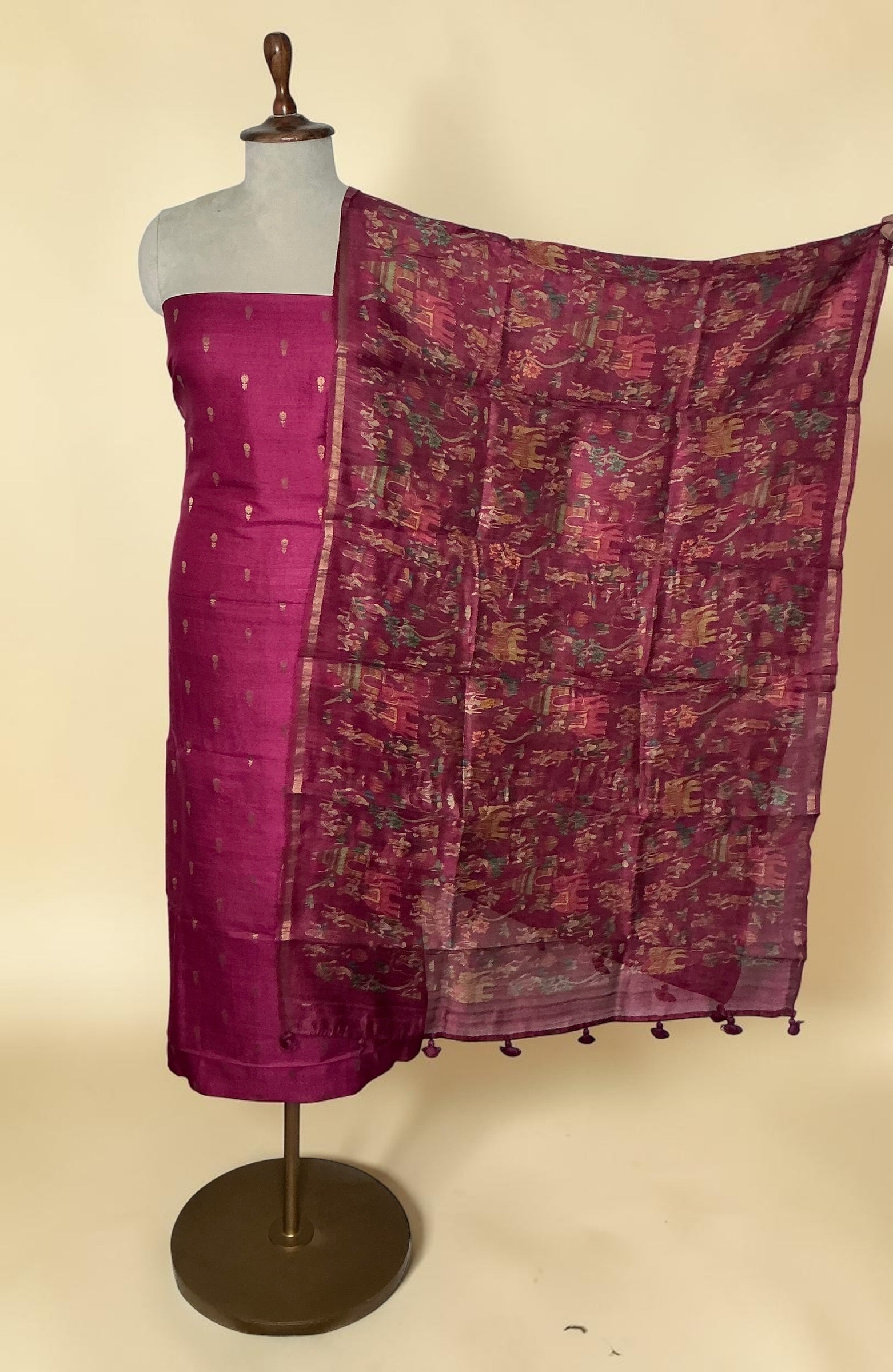 Pure tussar silk unstitched suit with kalamkari dupatta - WINE