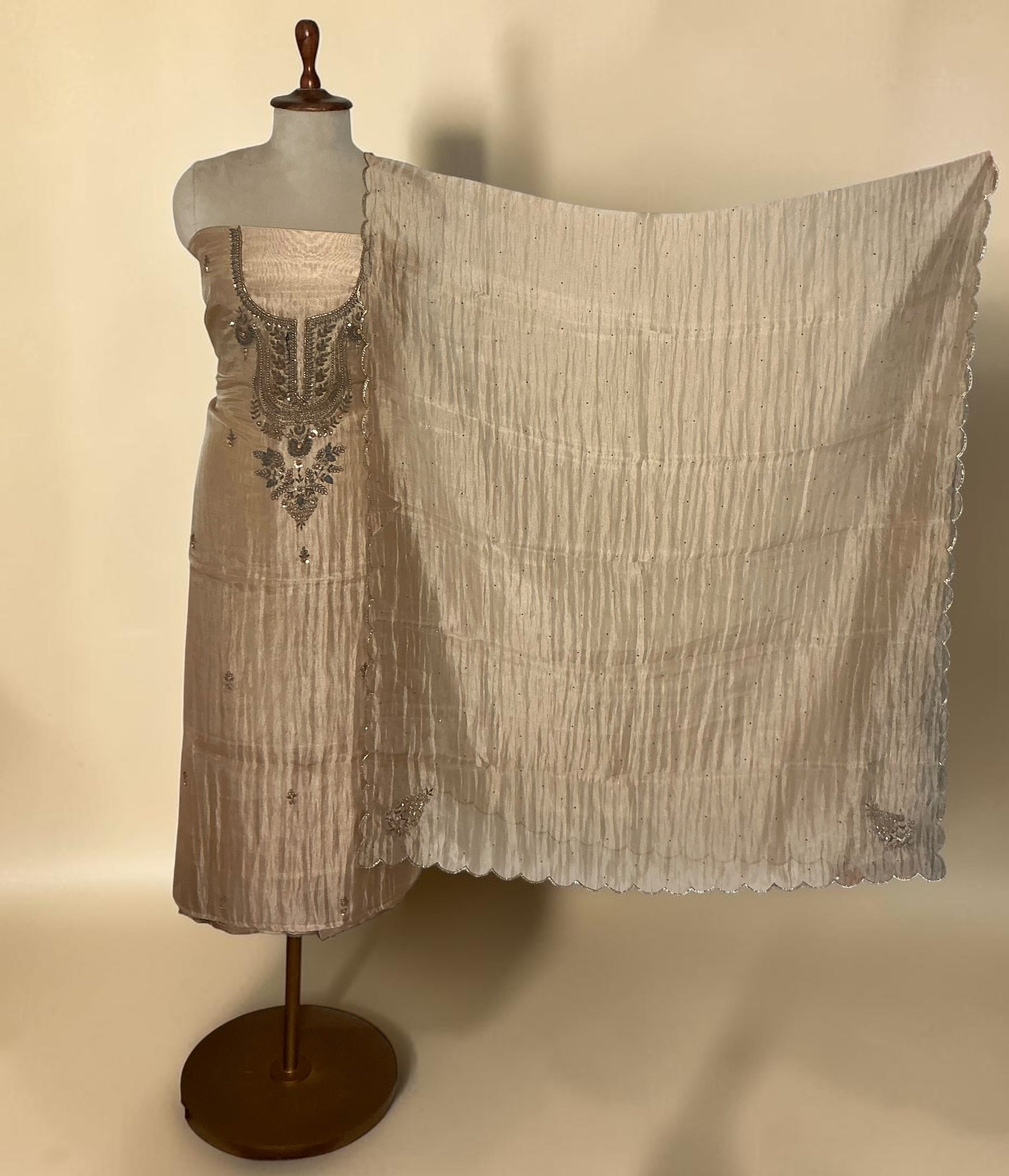 Pure crush tissue with antique embroidery unstitched suit - BEIGE