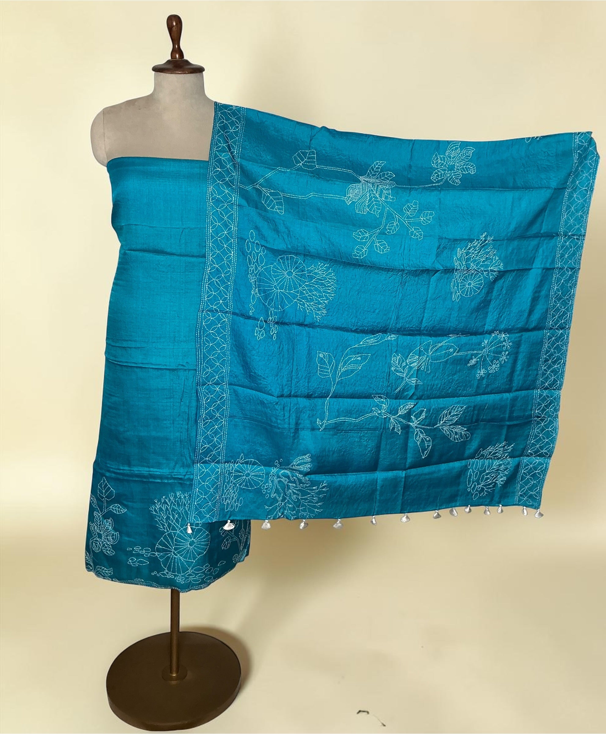 Pure tussar silk in kantha threadwork unstitched suit - FIROZI
