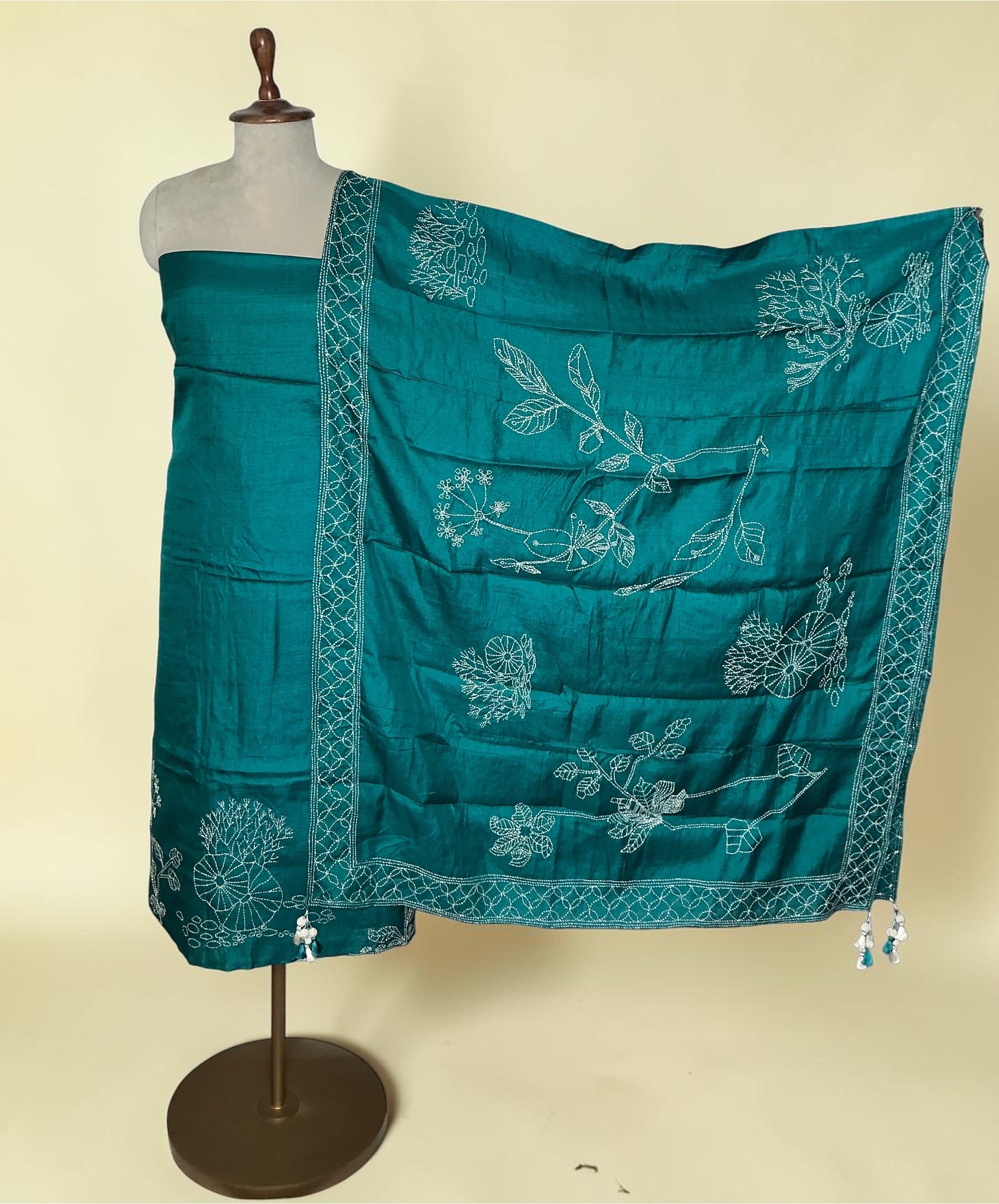 Pure tussar silk in kantha threadwork unstitched suit - Ramagreen