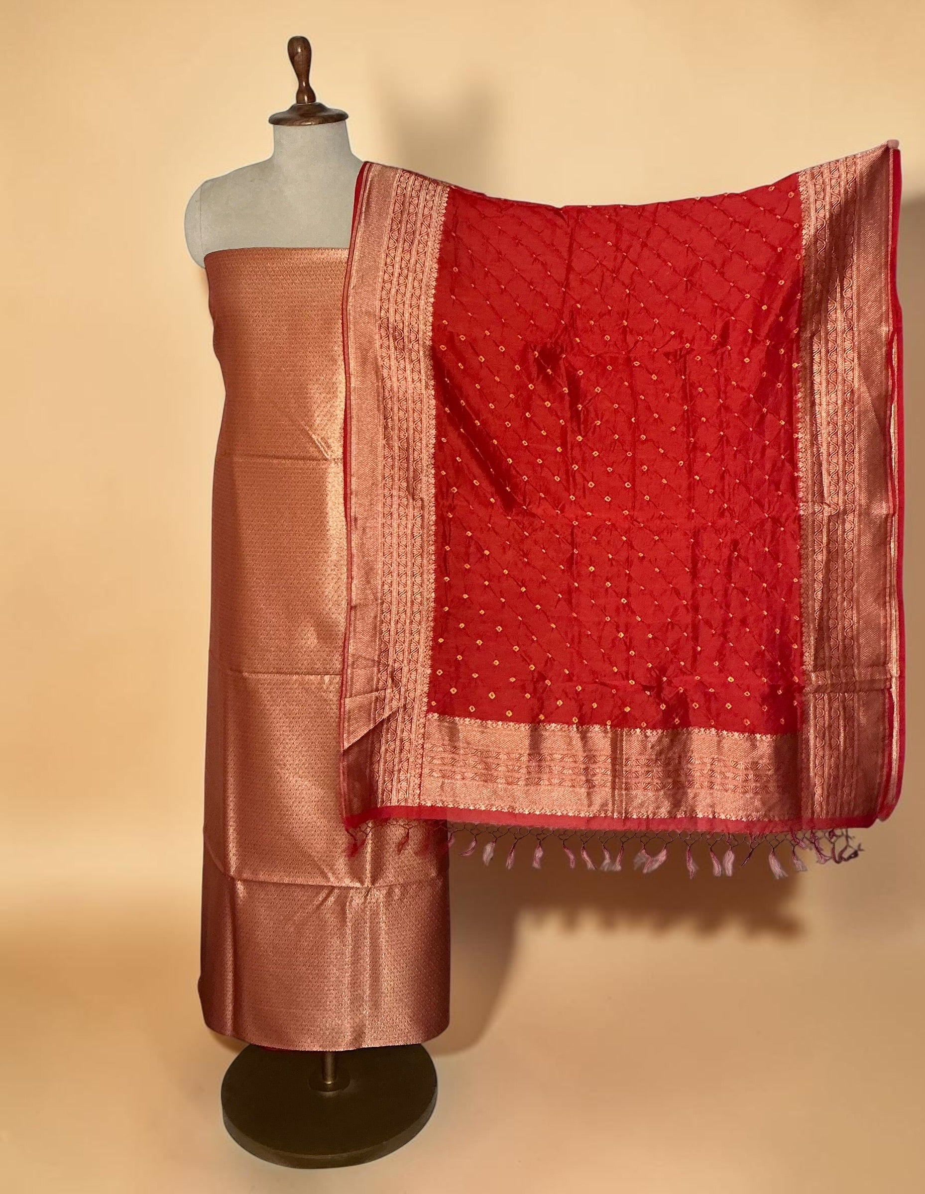 Chanderi weaving suit with bandhani dupatta - RED