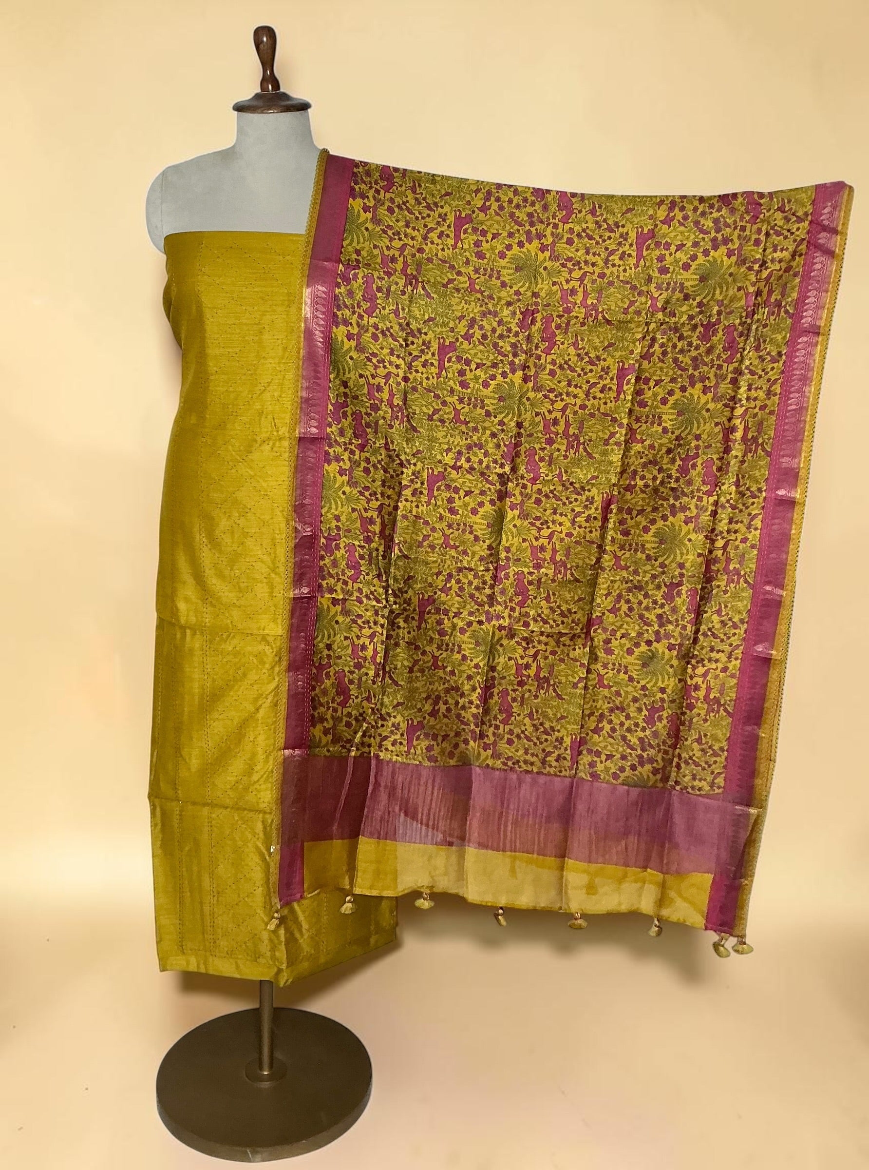 Pure tusser kantha work embroidery unstitched suit - Mustardd