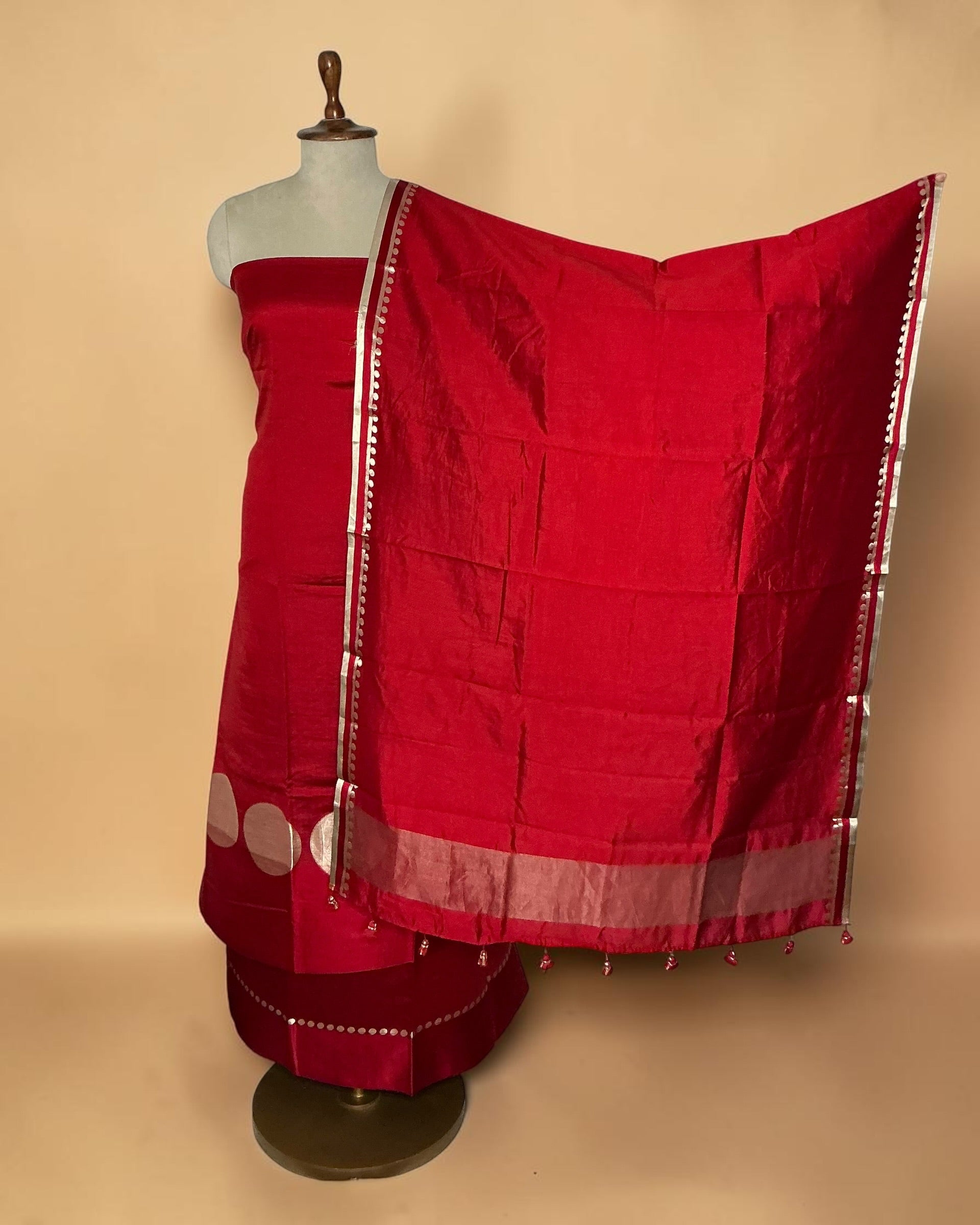Pure chiniya silk unstitched suit with beautifull weaving dupatta - RED