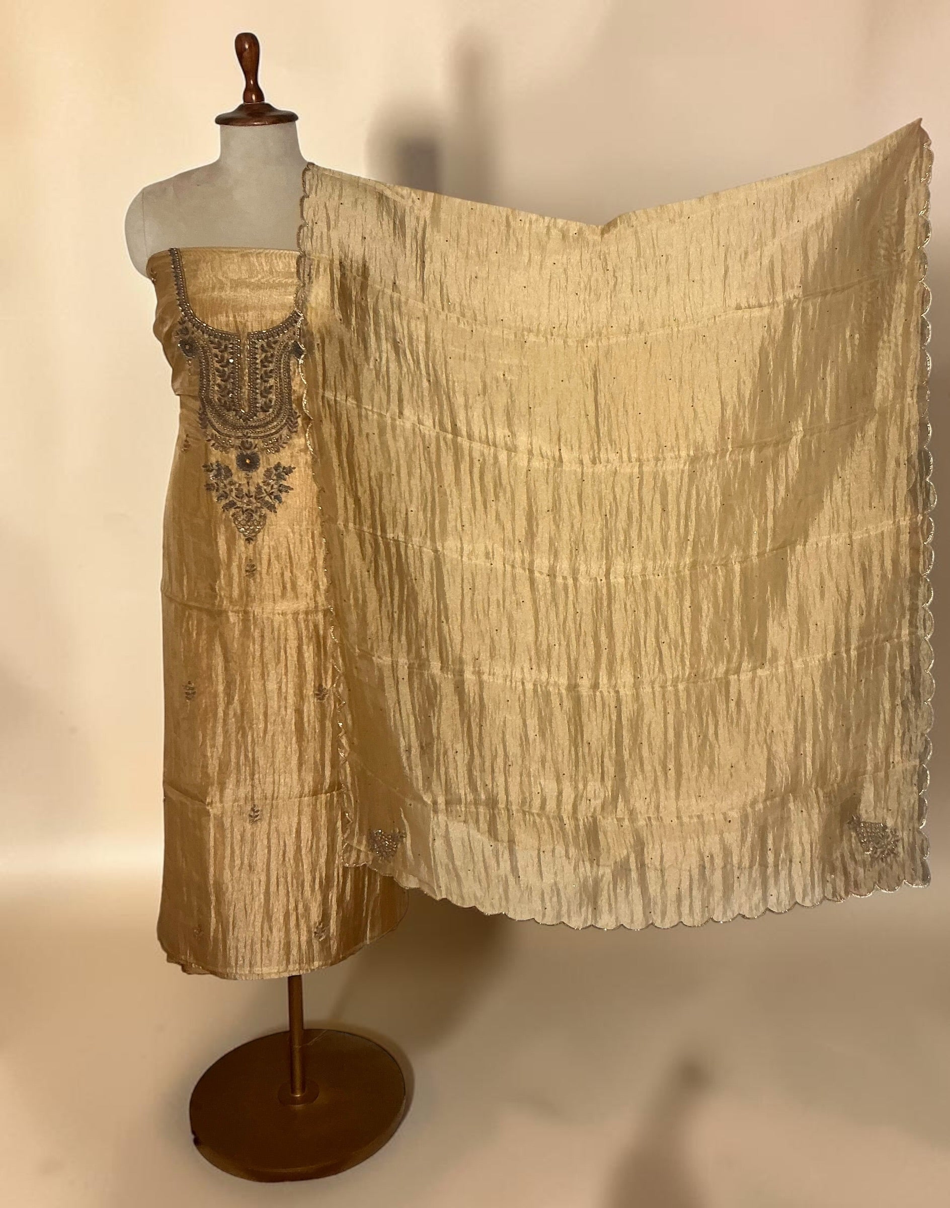Pure crush tissue with antique embroidery unstitched suit - Golden