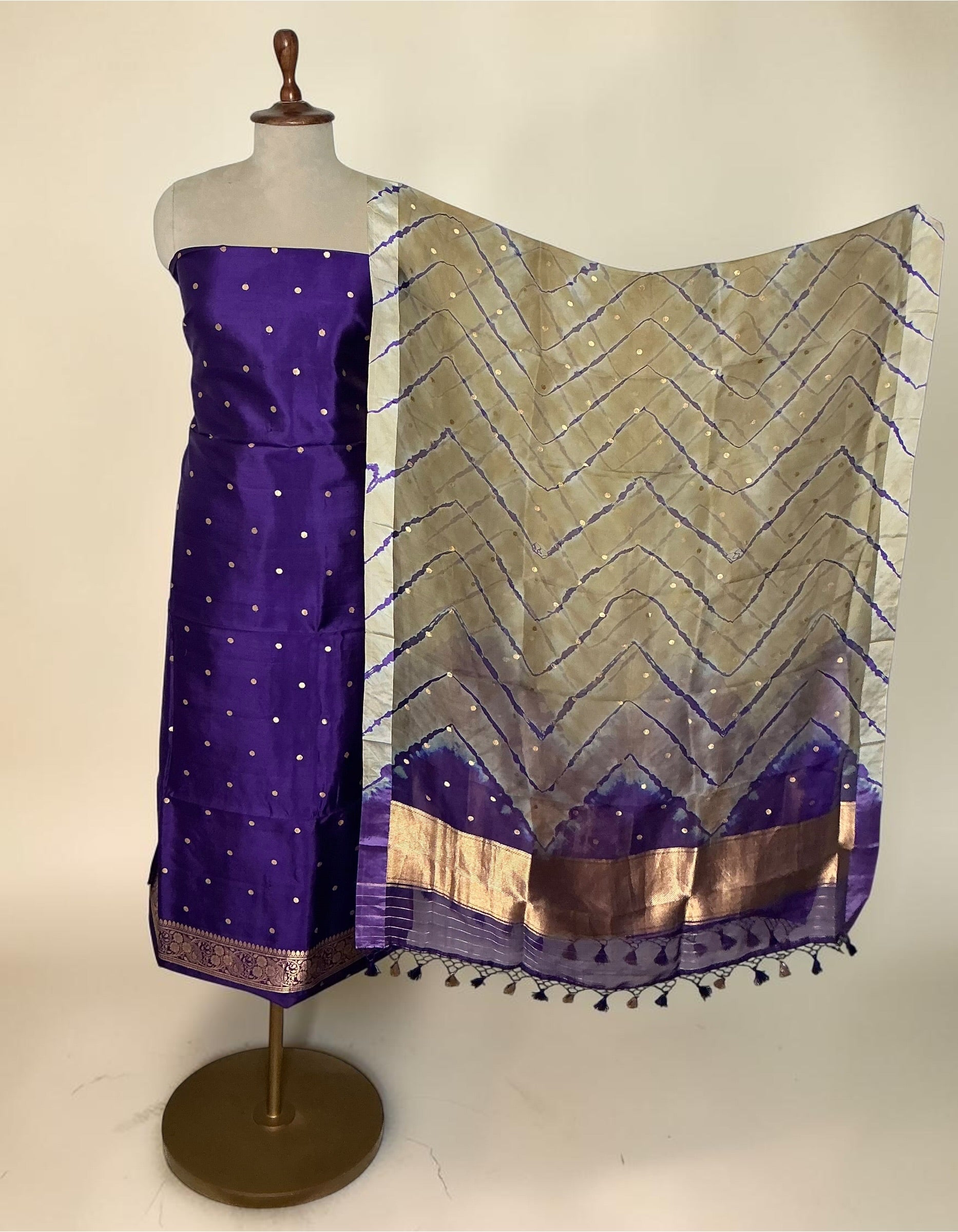 Pure silk kashi weaves unstitched suit with tie-dye leheriya dupatta - PURPLE