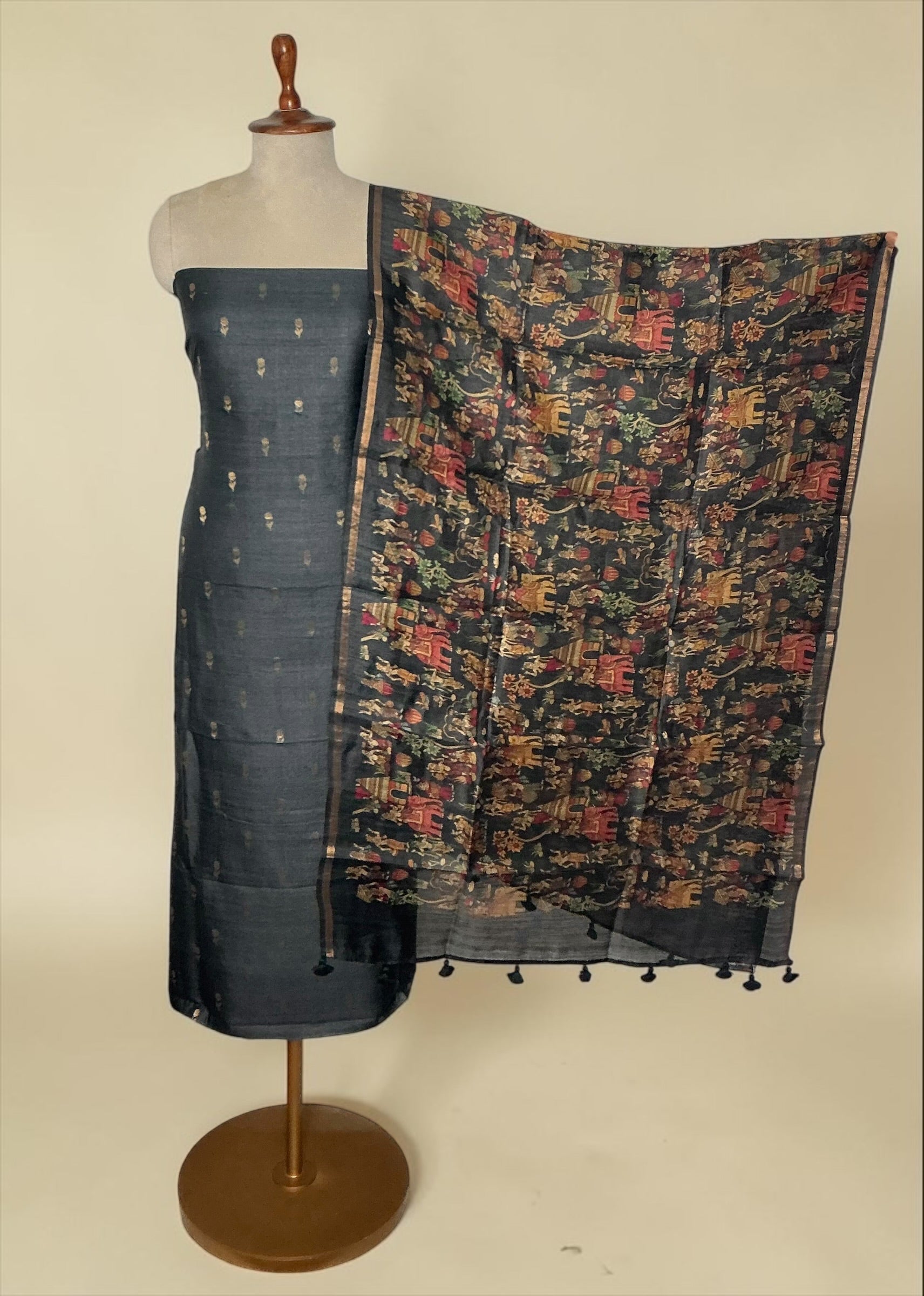 Pure tussar silk unstitched suit with kalamkari dupatta - BLACK