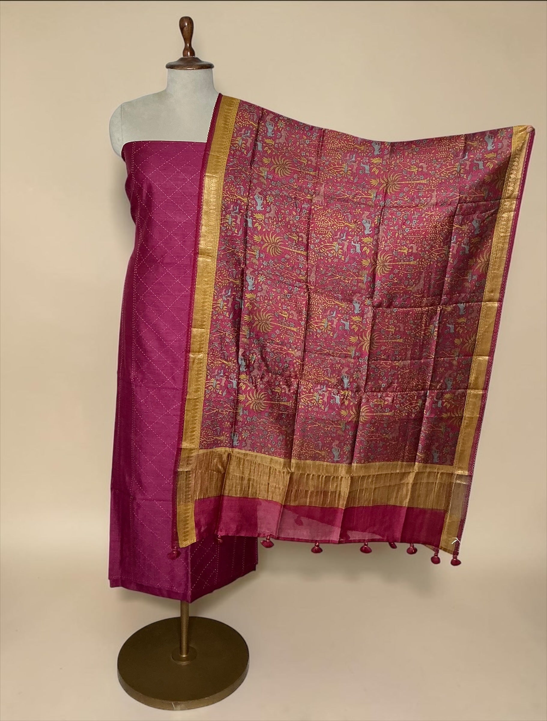 Pure tusser kantha work embroidery unstitched suit - WINE