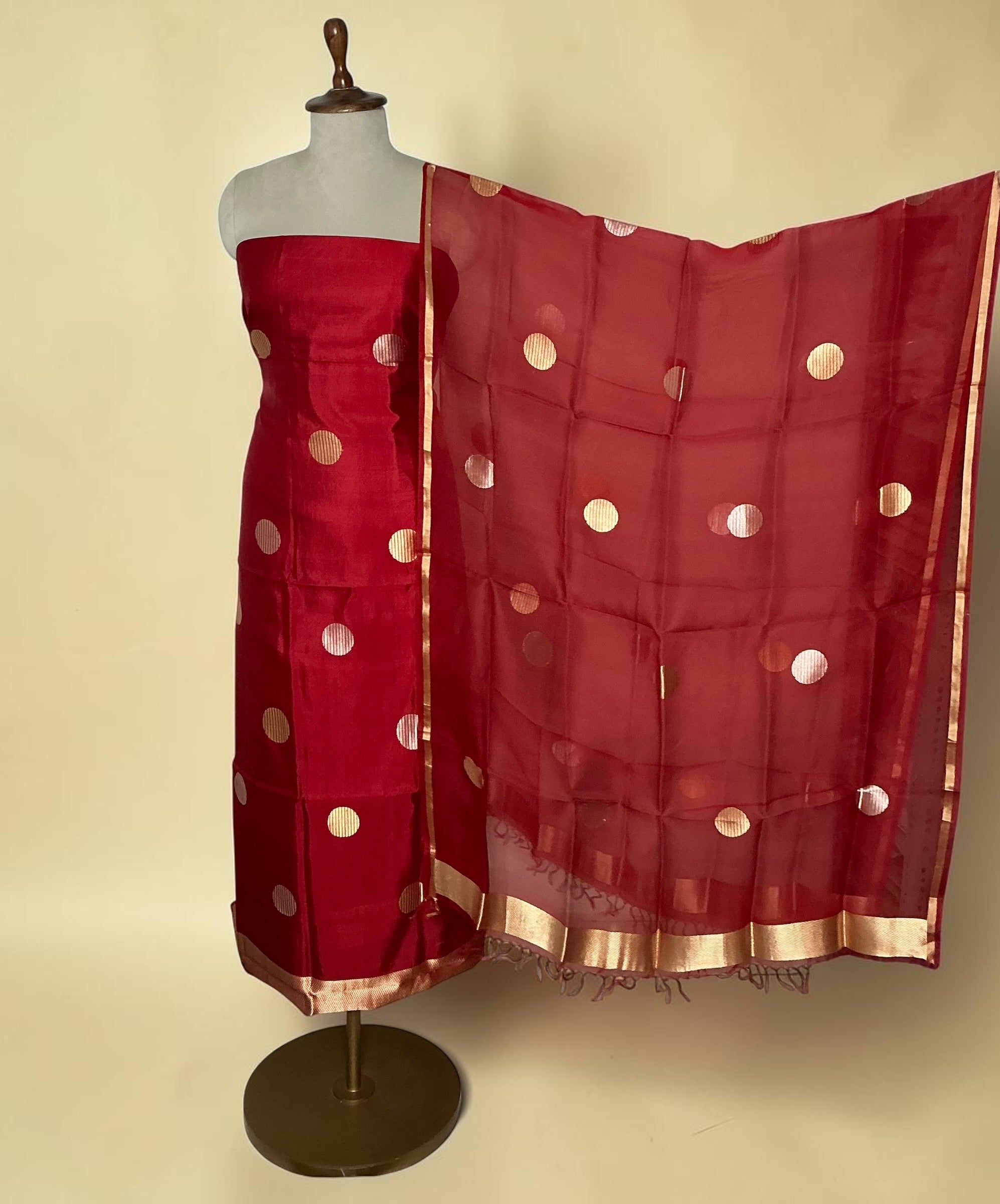Pure silk polka weaving unstitched suit with pure kora dupatta - RED