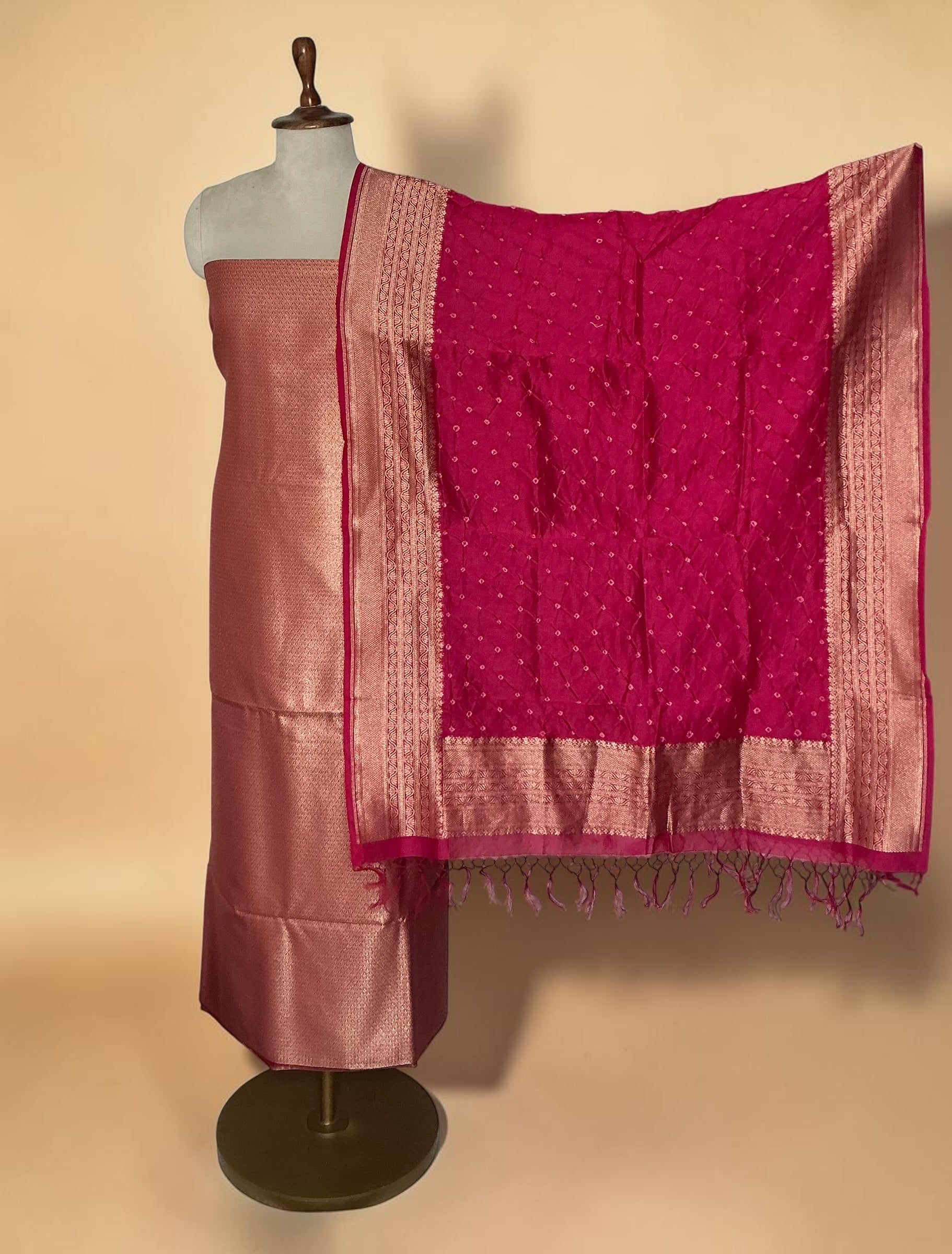 Chanderi weaving suit with bandhani dupatta - Ranipink