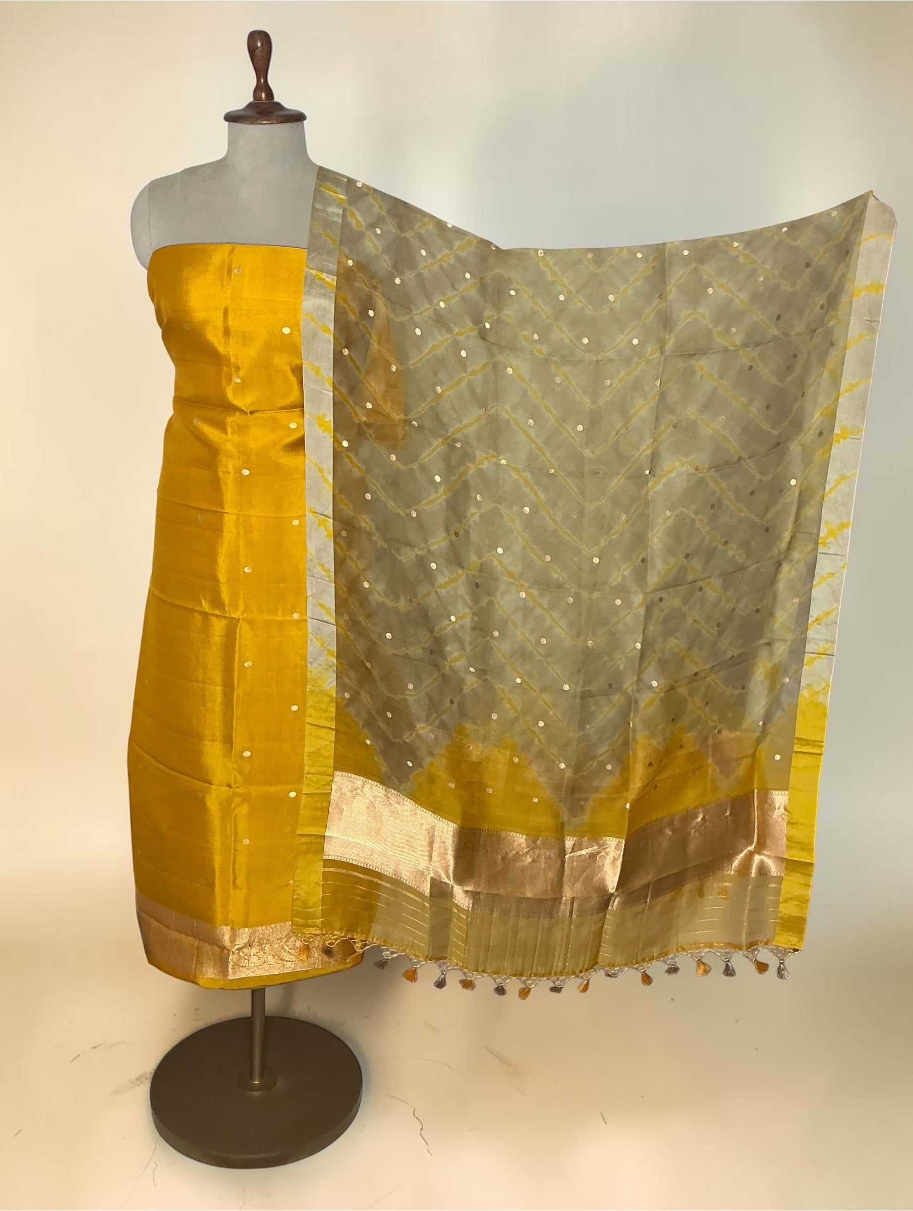Pure silk kashi weaves unstitched suit with tie-dye leheriya dupatta - YELLOW