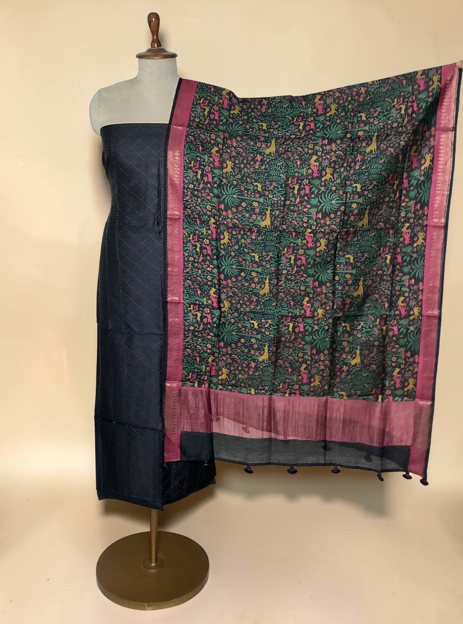 Pure tusser kantha work embroidery unstitched suit - BLACK