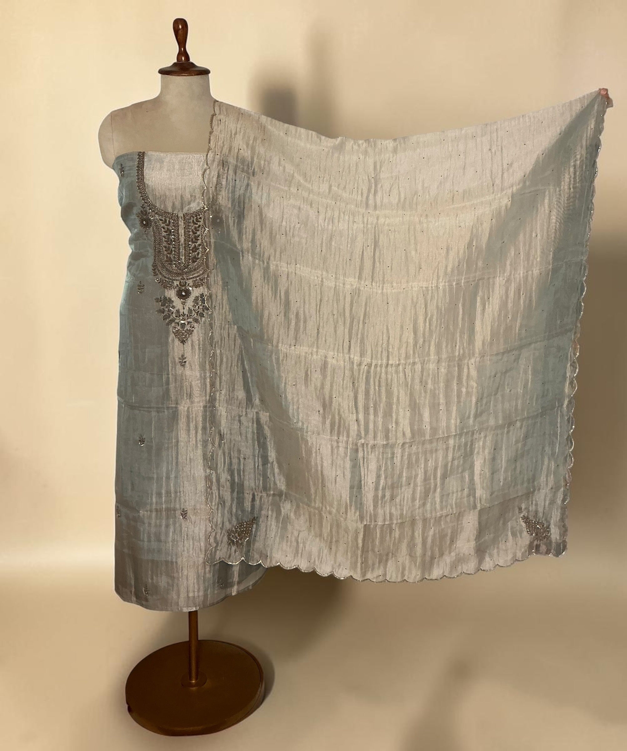 Pure crush tissue with antique embroidery unstitched suit - Silver.