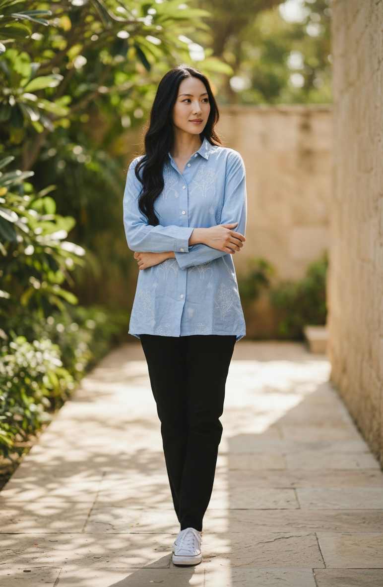 women's cotton shirt - embroidered casual and office wear top