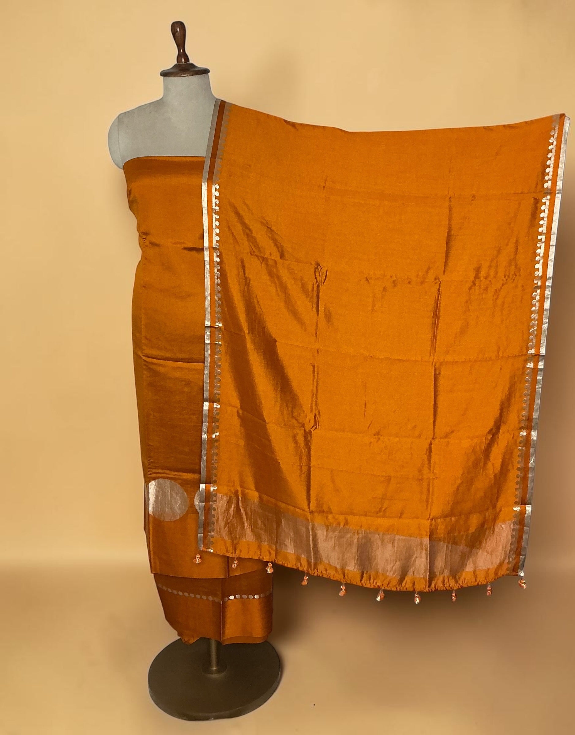 Pure chiniya silk unstitched suit with beautifull weaving dupatta - Orange