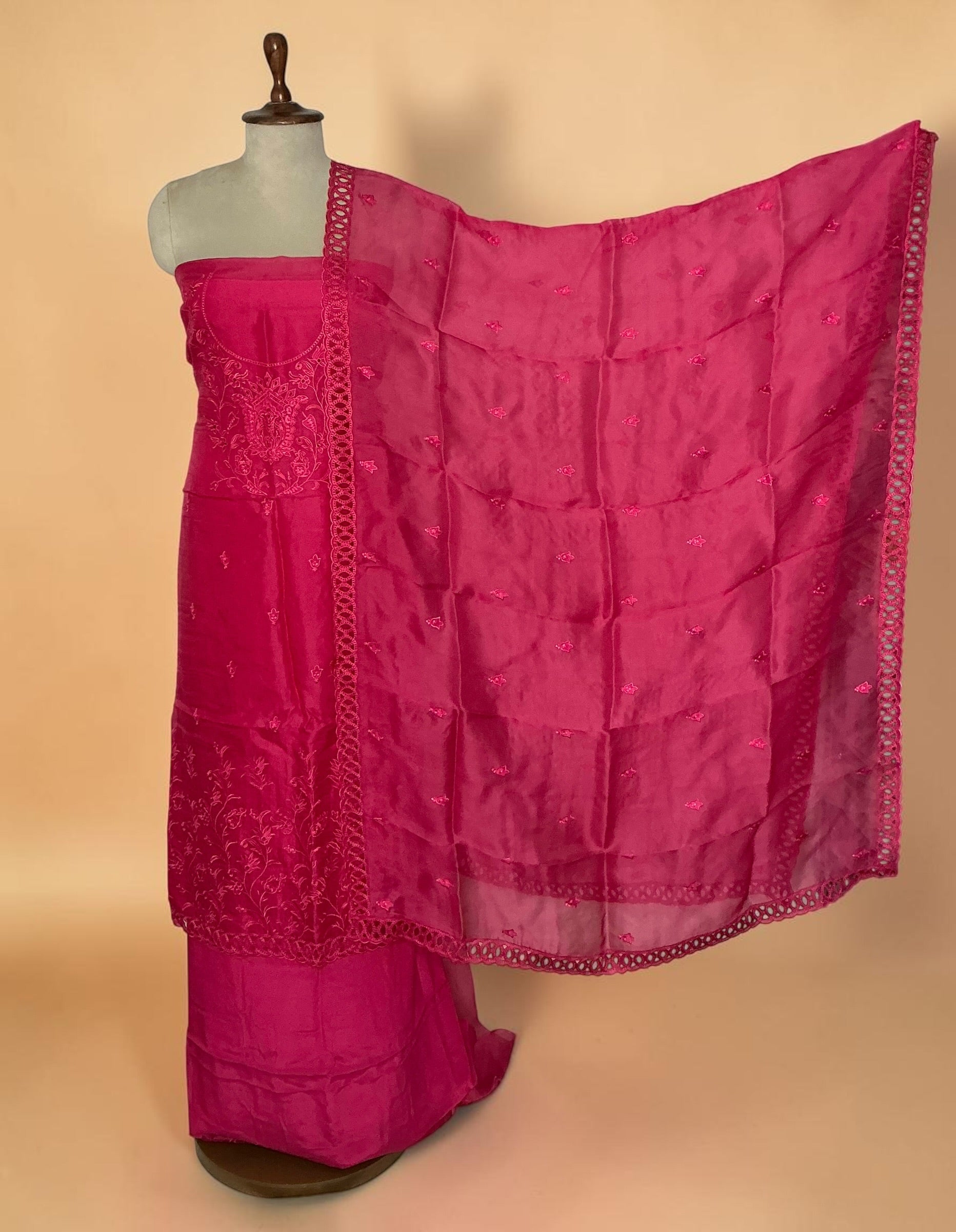 Pure kora silk embroidered unstitched suit - Ranipink