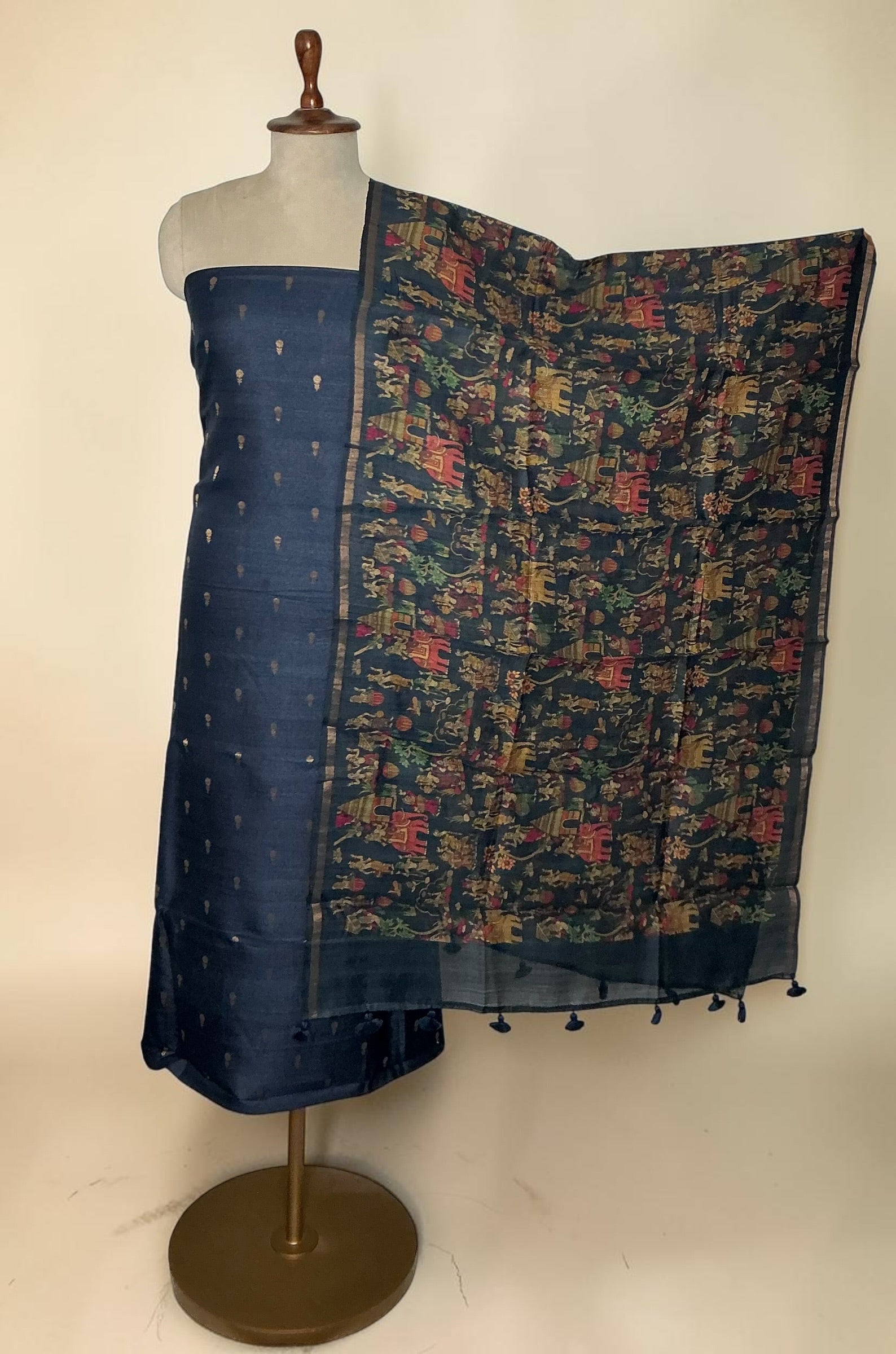Pure tussar silk unstitched suit with kalamkari dupatta - NAVY