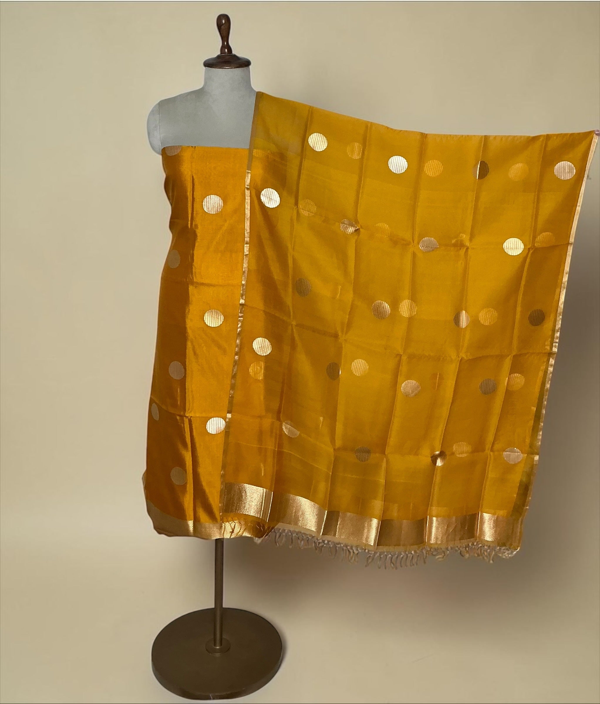 Pure silk polka weaving unstitched suit with pure kora dupatta - YELLOW