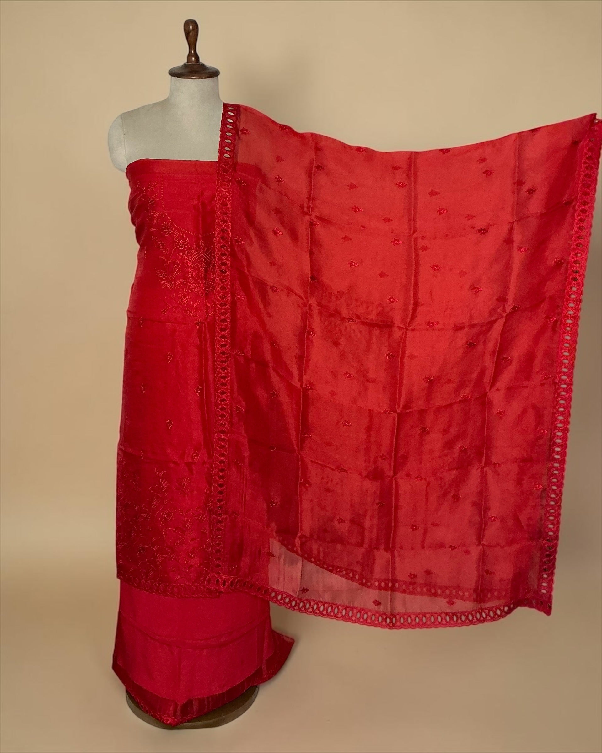 Pure kora silk embroidered unstitched suit - RED