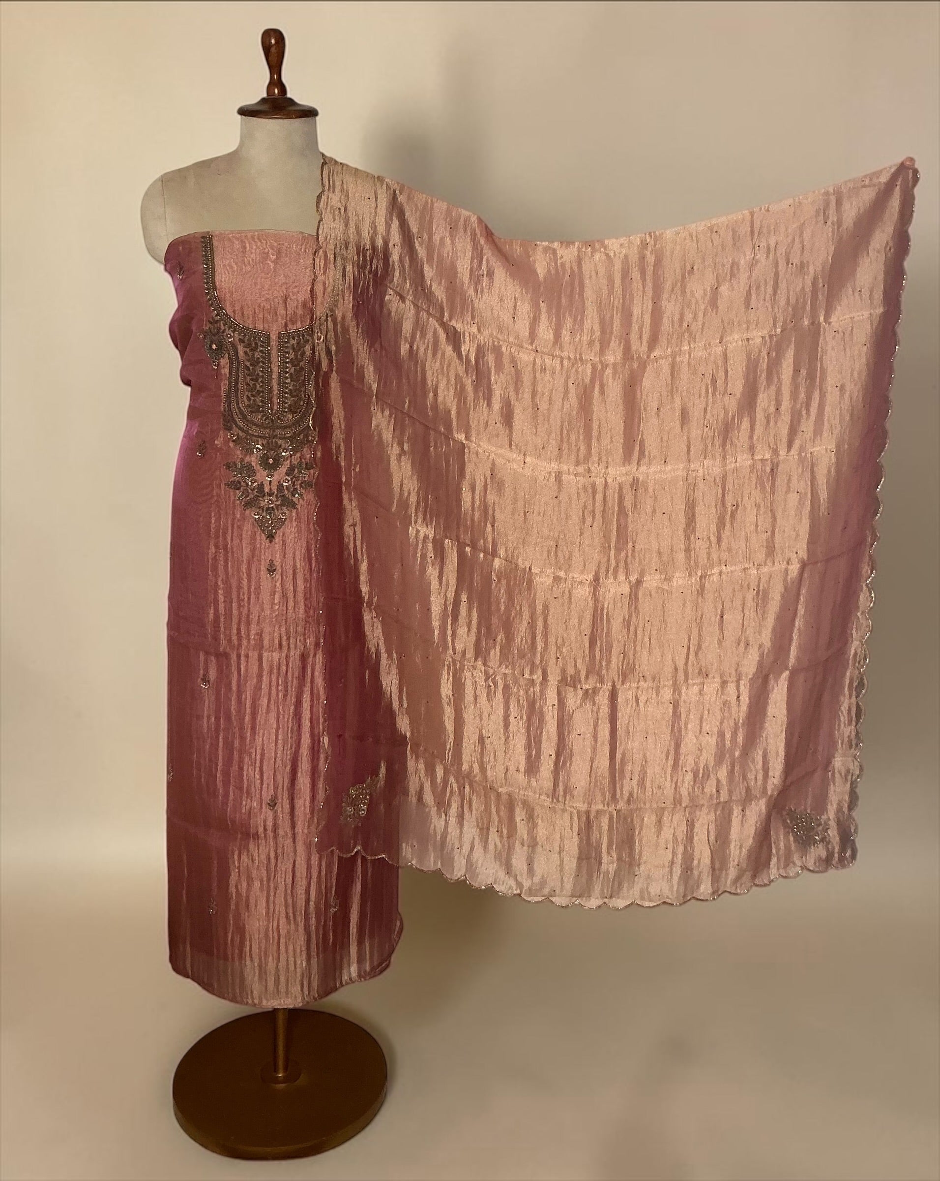 Pure crush tissue with antique embroidery unstitched suit - PINK