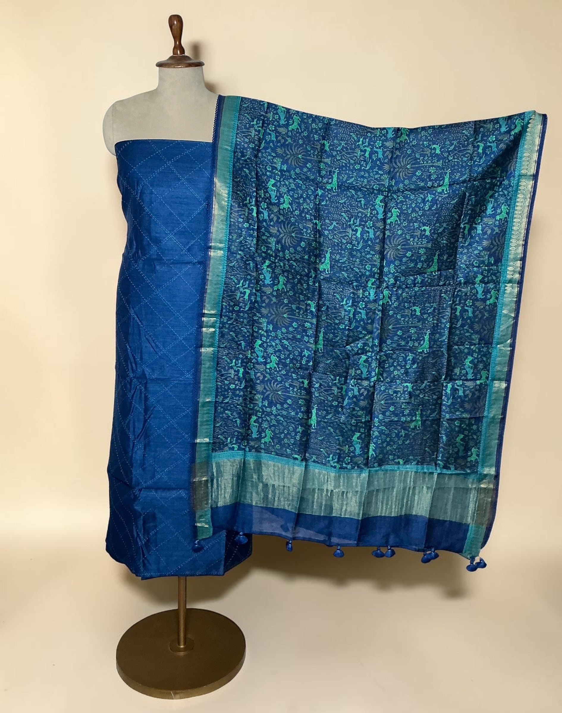 Pure tusser kantha work embroidery unstitched suit - Tealblue