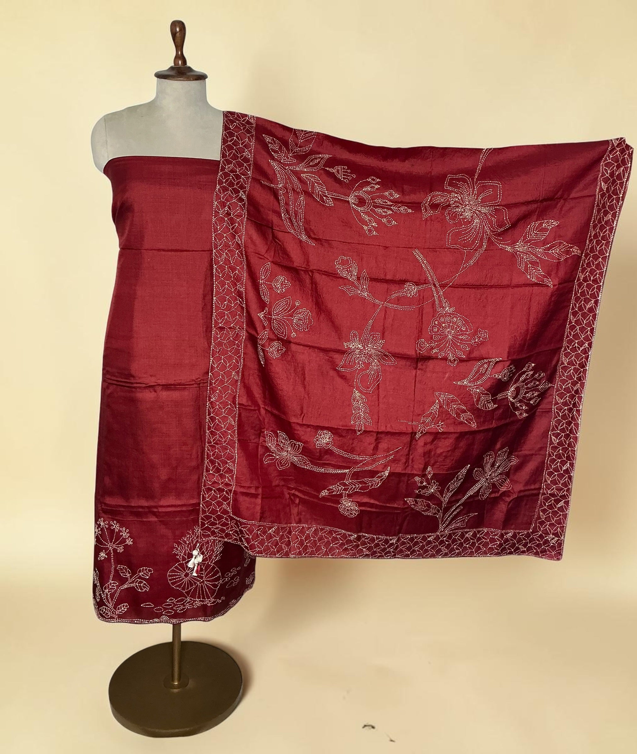 Pure tussar silk in kantha threadwork unstitched suit - RED