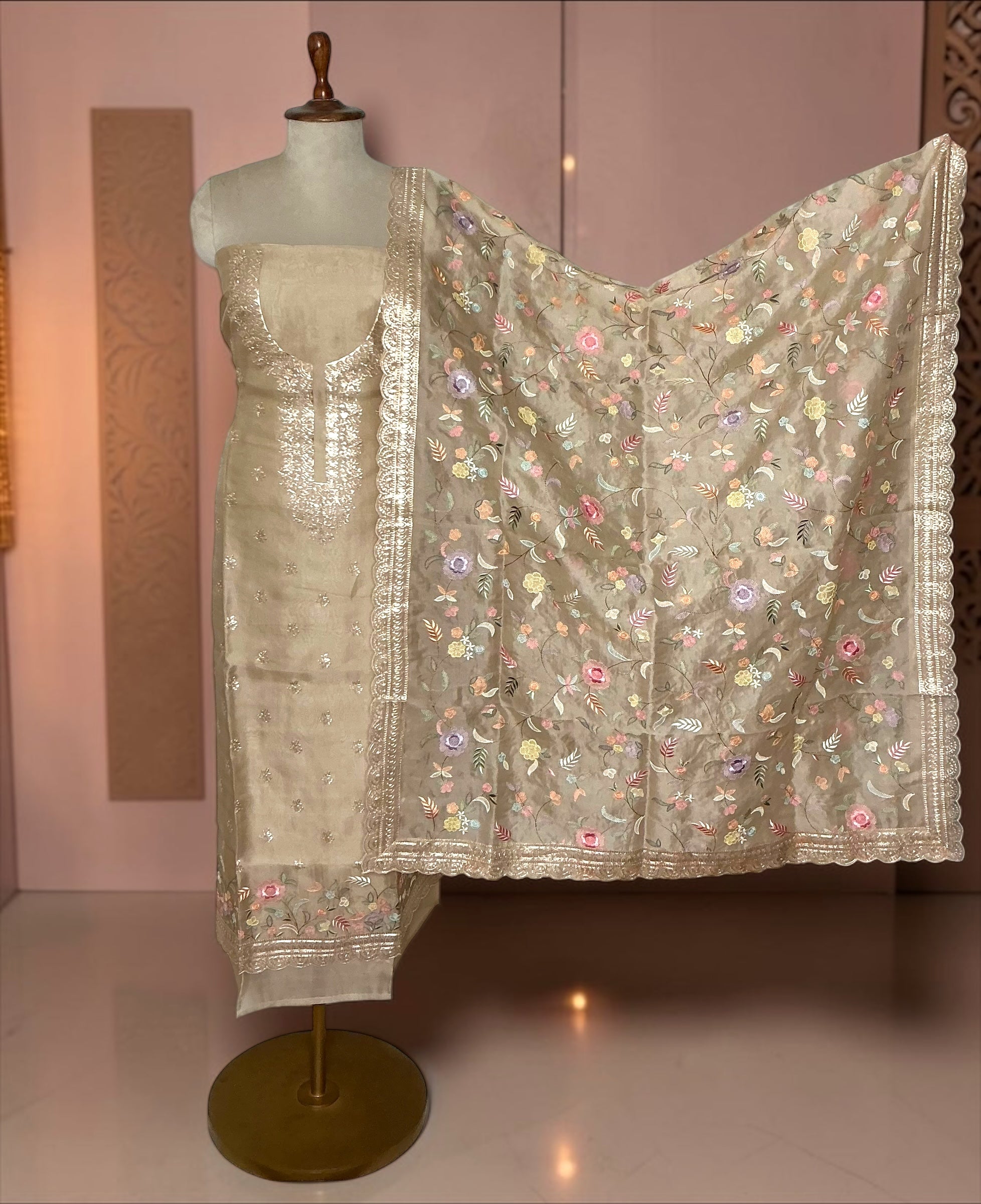 PURE KORA SILK SUIT WITH THREAD EMBROIDERED DUPATTA