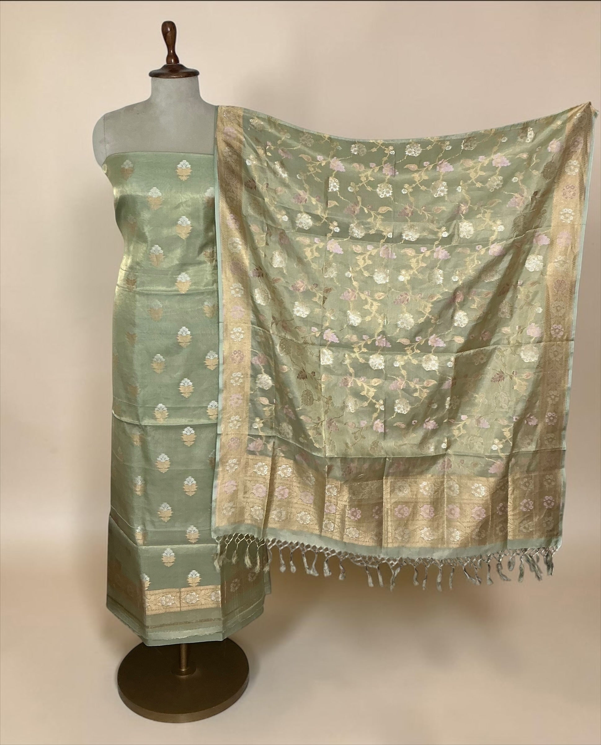 Pure tissue silk unstitched suit - Olivegreen