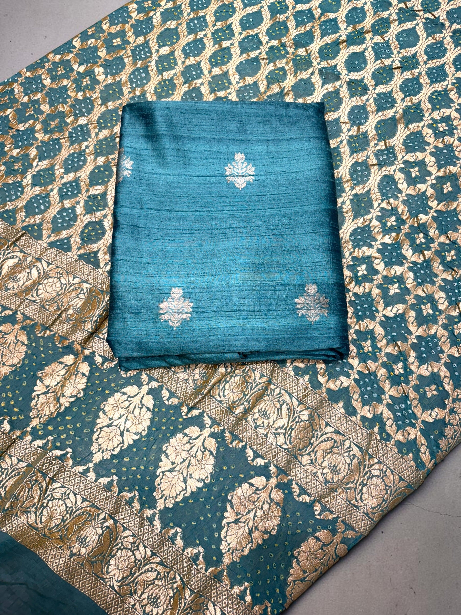 Pure raw silk suit with bandhani dupatta