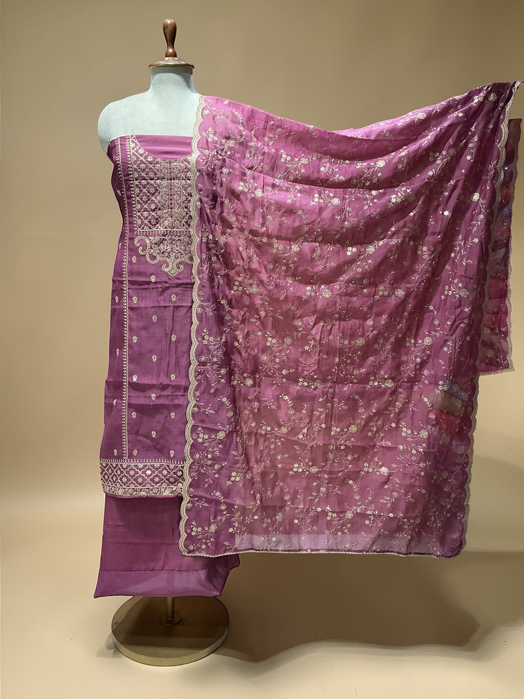 MUL CHANDERI SUIT IN THREADWORK WITH HEAVY DUPATTA