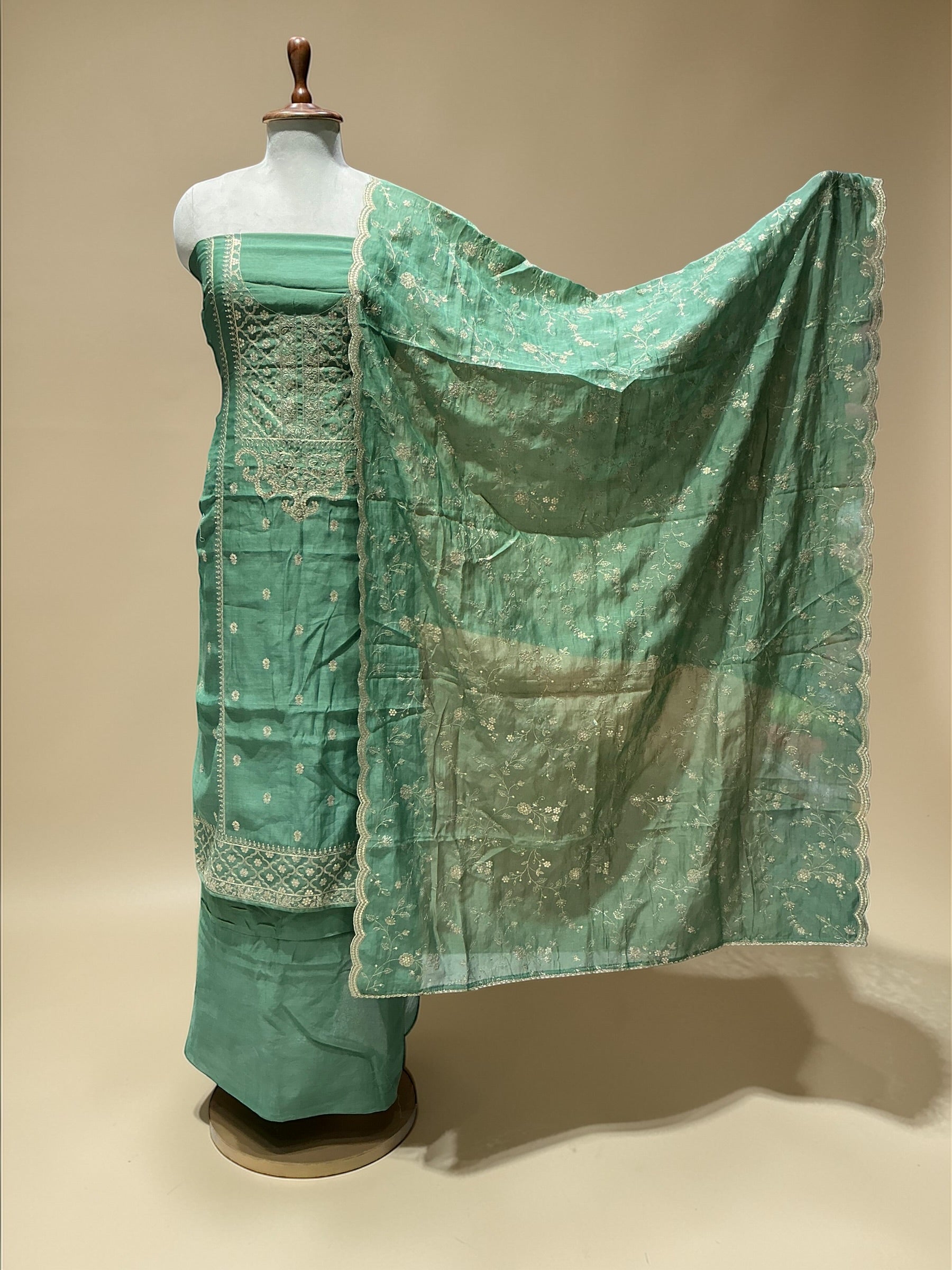 MUL CHANDERI SUIT IN THREADWORK WITH HEAVY DUPATTA