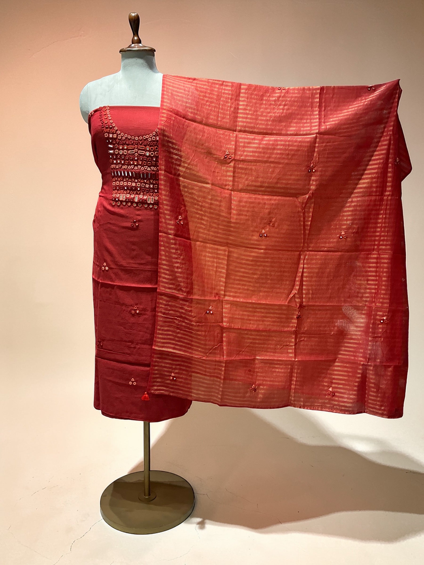 MUL CHANDERI SUIT IN MIRROR WORK