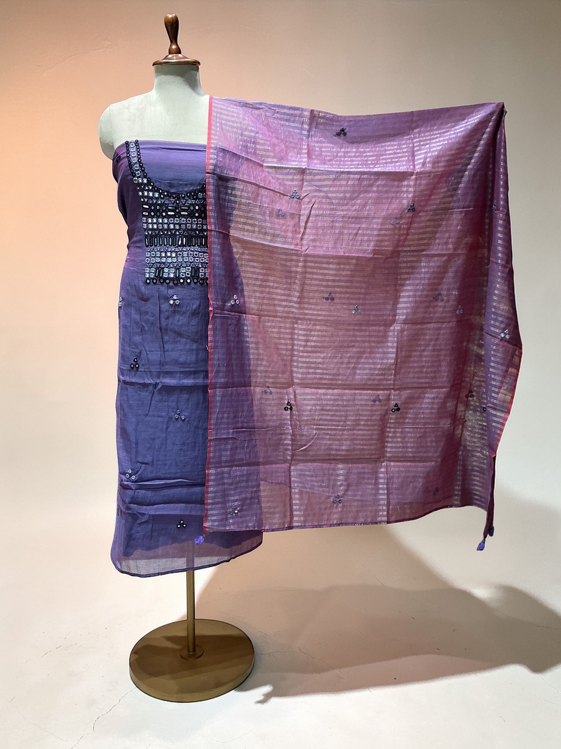 MUL CHANDERI SUIT IN MIRROR WORK