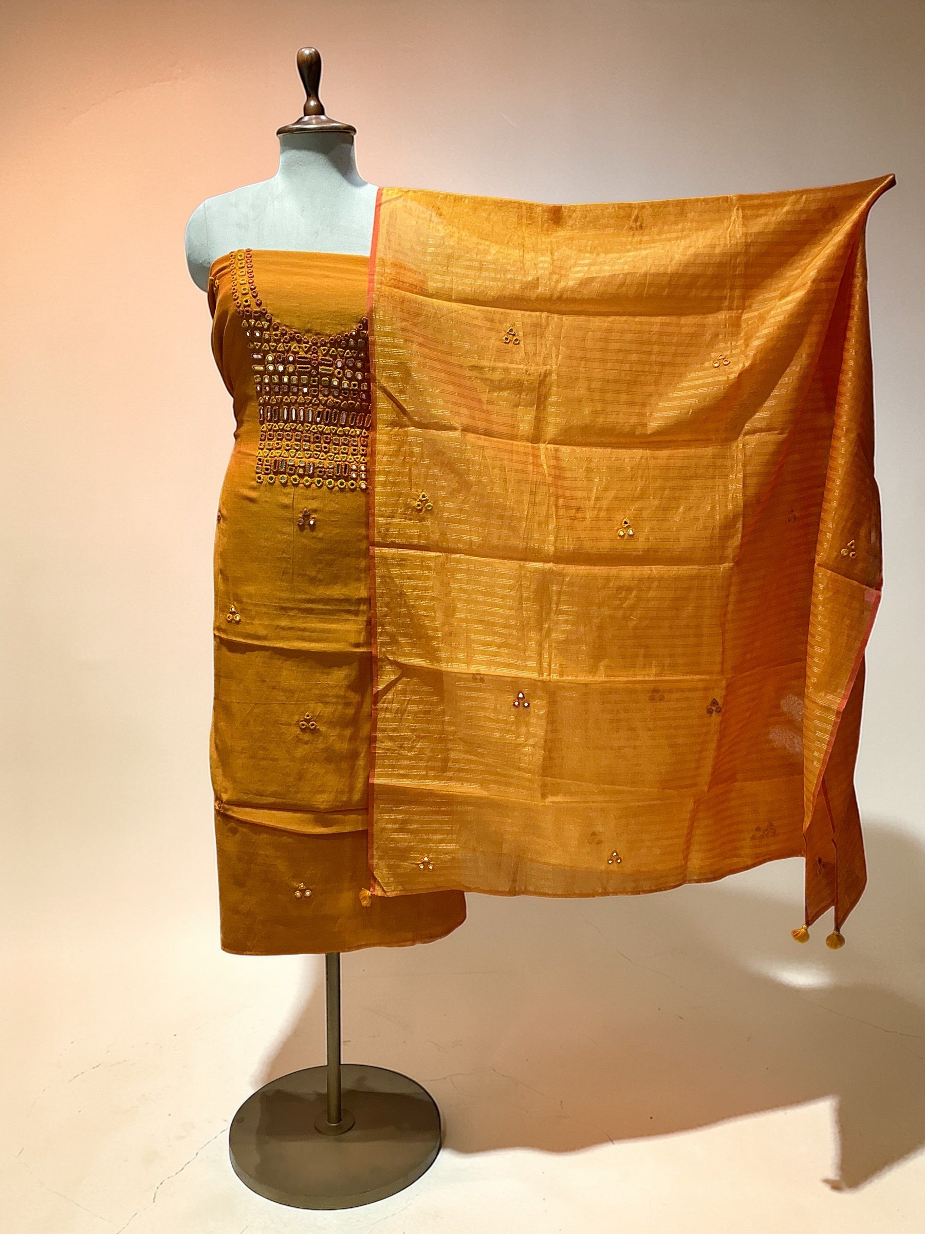 MUL CHANDERI SUIT IN MIRROR WORK