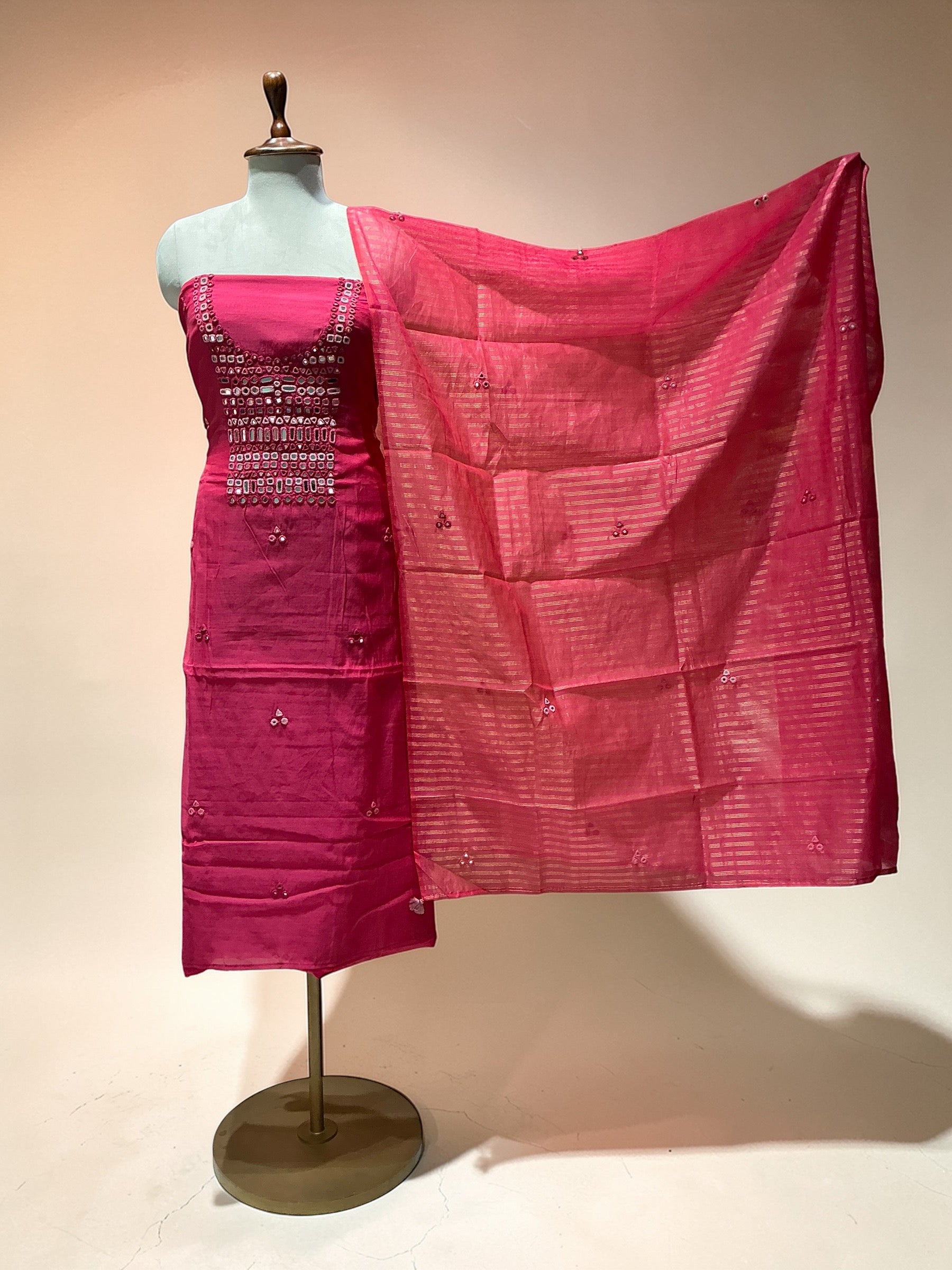 MUL CHANDERI SUIT IN MIRROR WORK