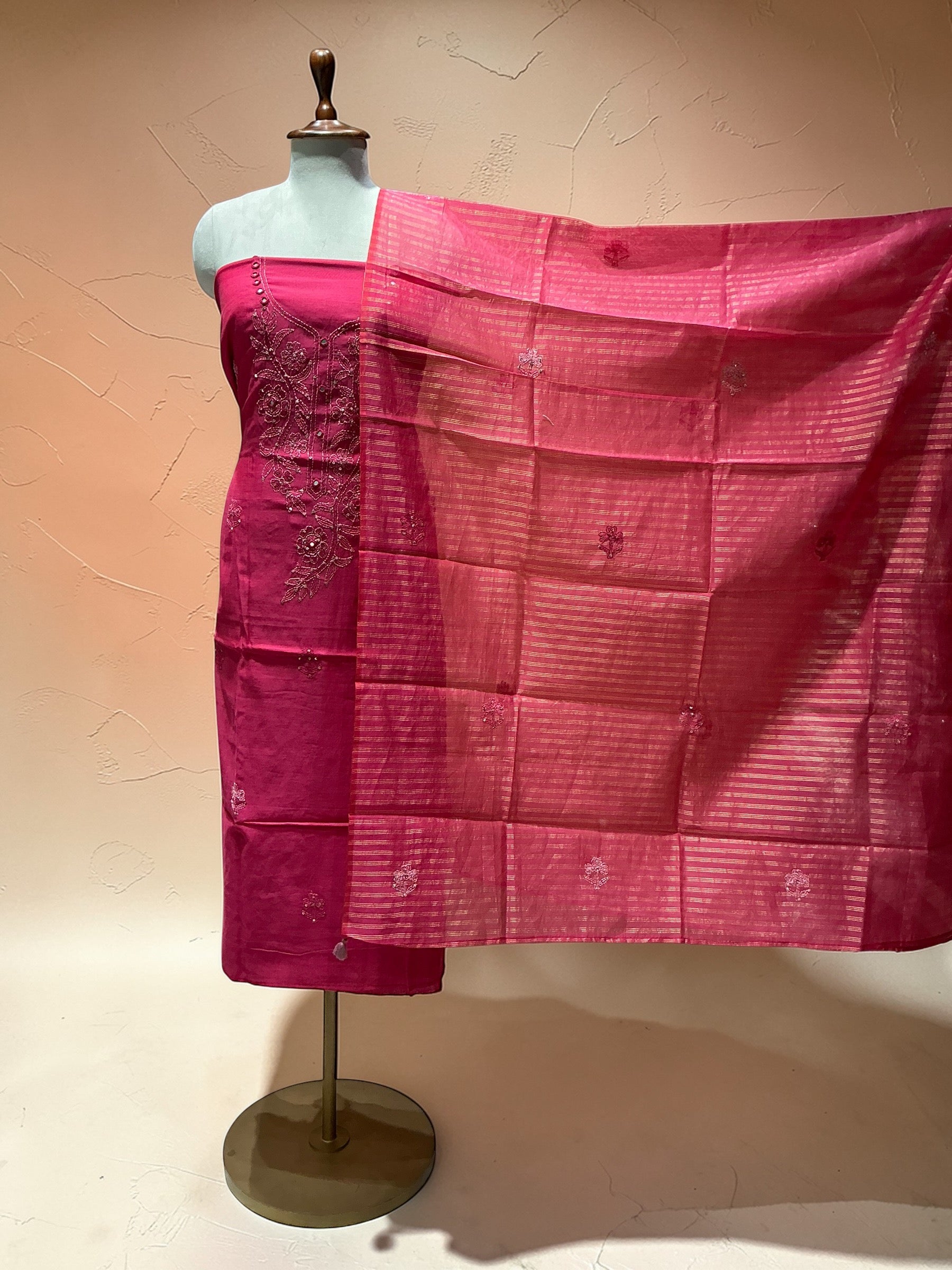 MUL CHANDERI SUIT IN KANTHA WORK WITH MIRROR WORK